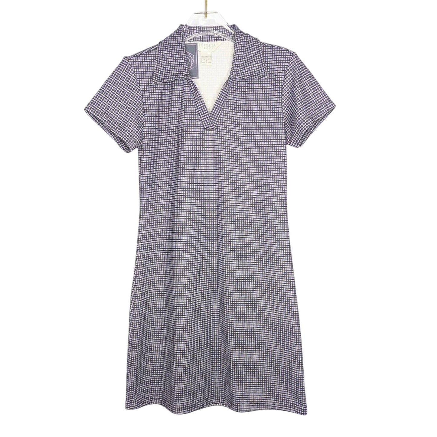 Express 90's Vintage Mini Plaid Pattern Short Sleeve Dress V-Neck Collared S