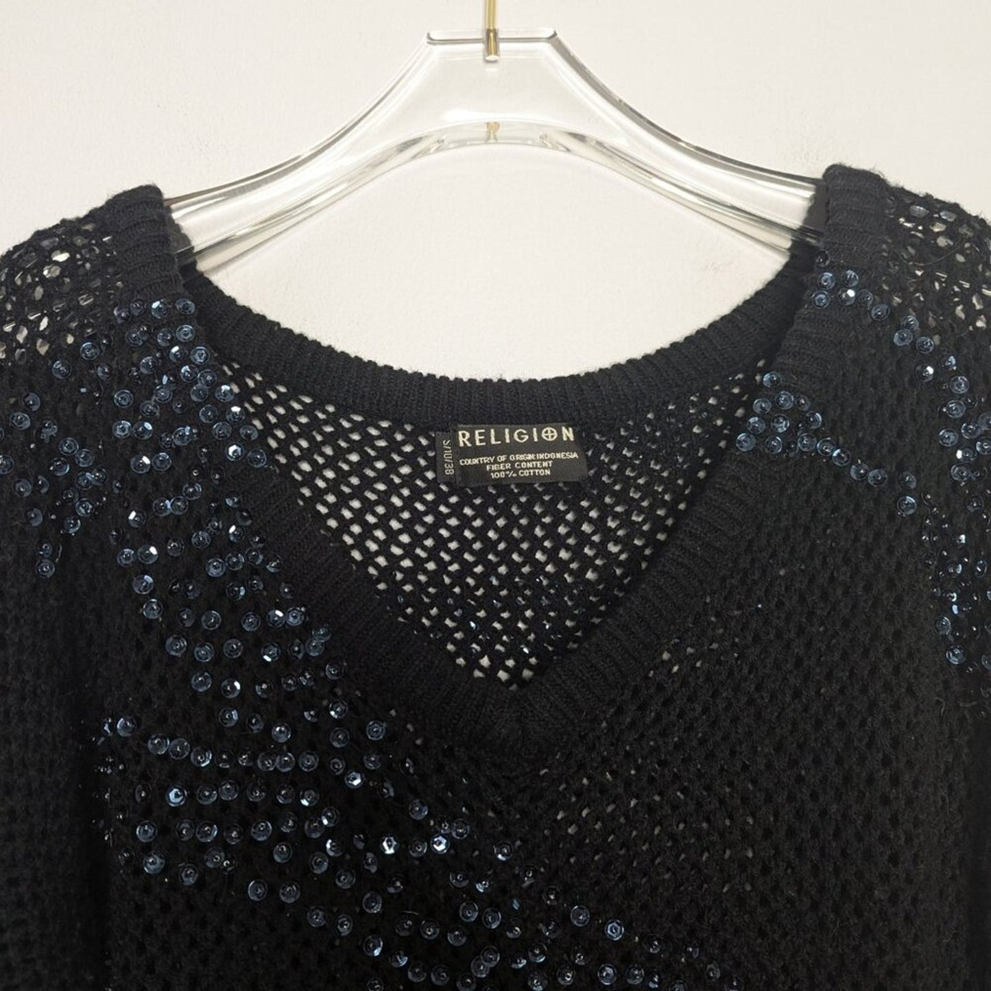Religion Black Open Knit Crochet Sweater Iridescent Sequins V-Neck Long Sleeve S