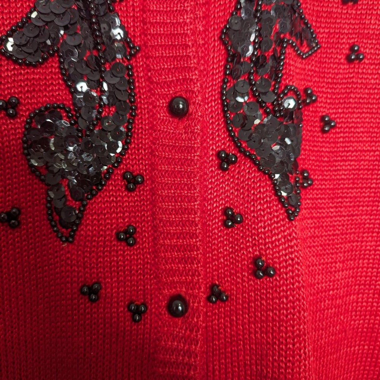Vintage Dana Scott Red Long Sleeve Black Beaded Button Up Cardigan Crew Neck S