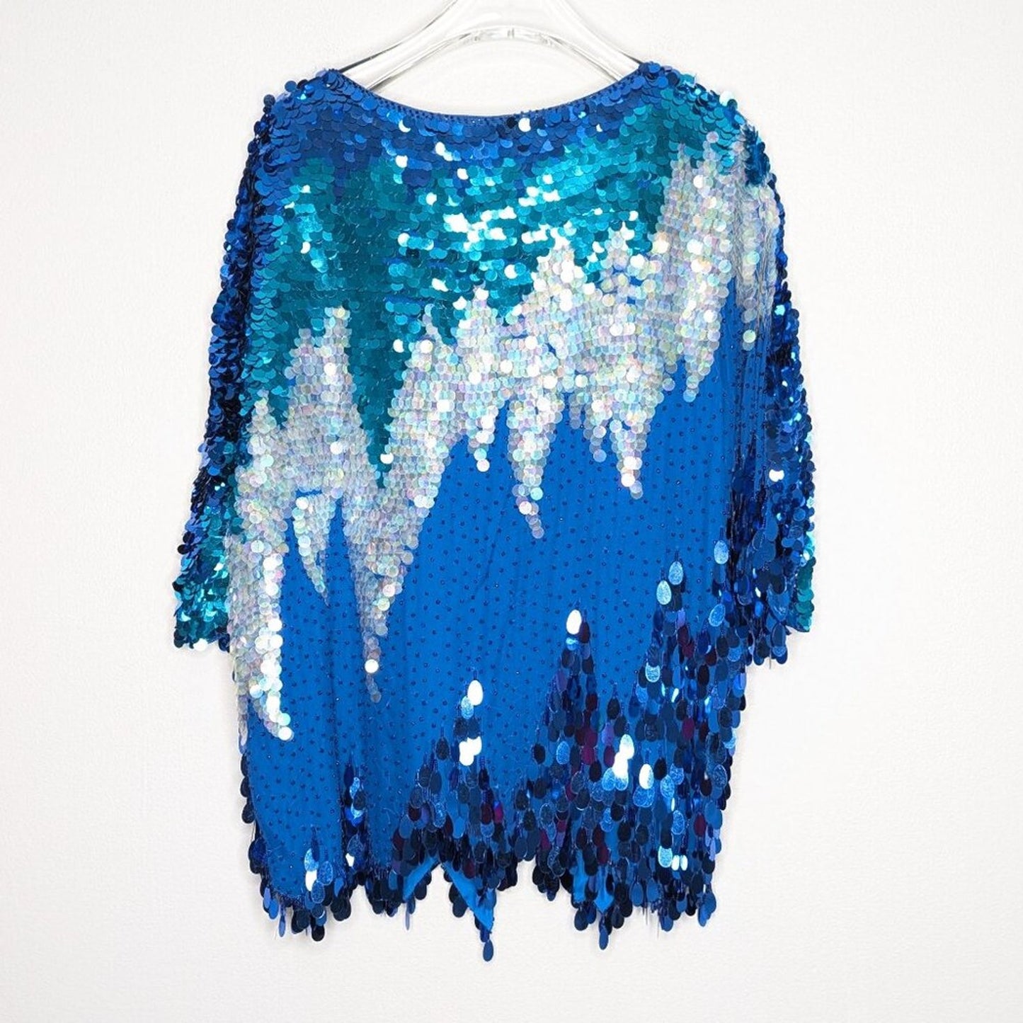St. Honore Vintage 80's Blue Short Sleeve Beaded Sequin Top Party Disco Glam