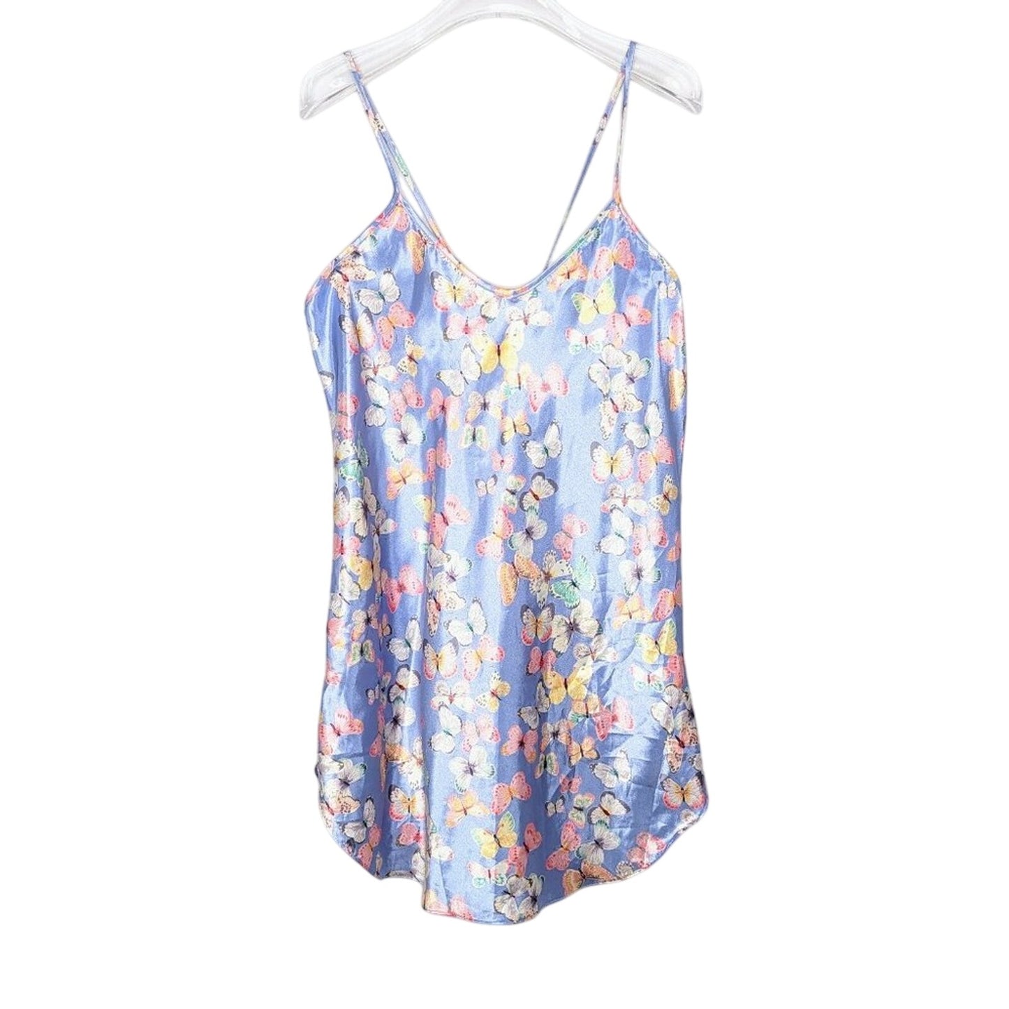 Vintage 90's Blue Satin Butterfly Pattern Slip Dress Spaghetti Straps Sleeveless