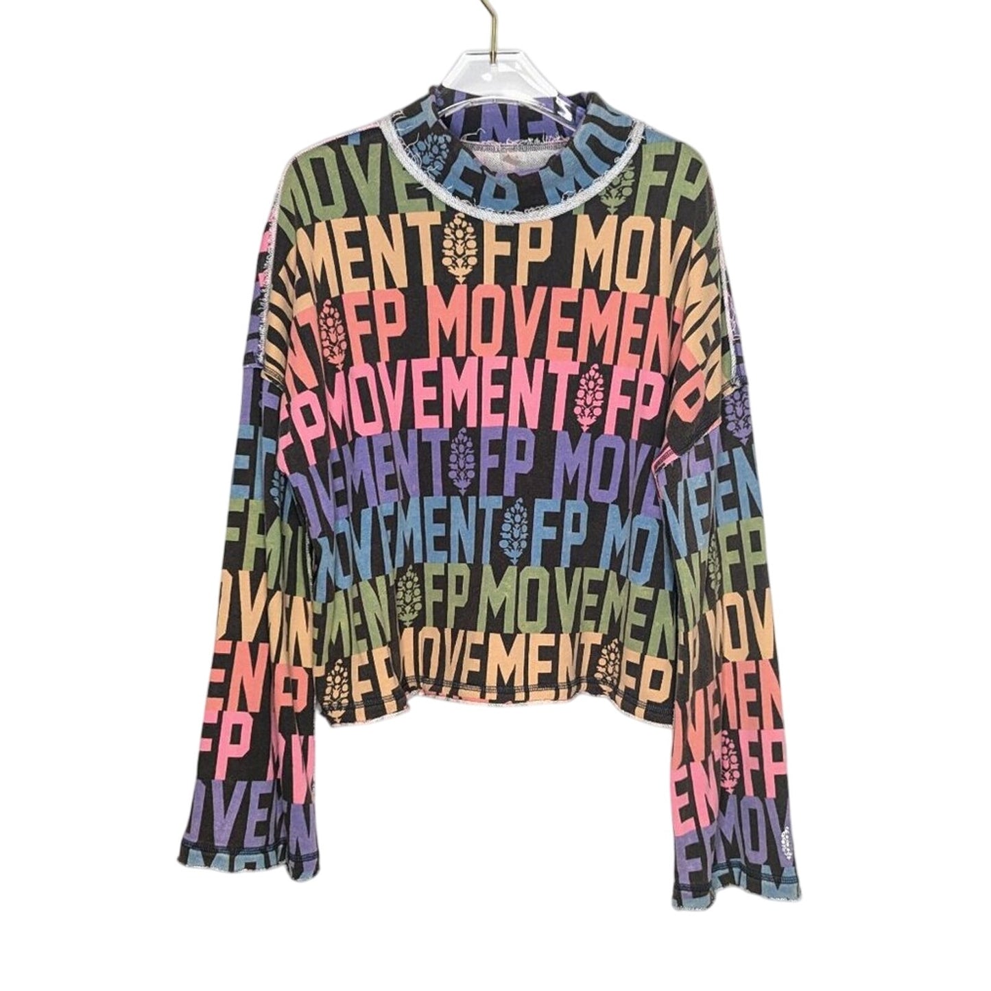 Free People Movement Rainbow Wild Side Logo Tee Long Sleeve Mock Neck Size M