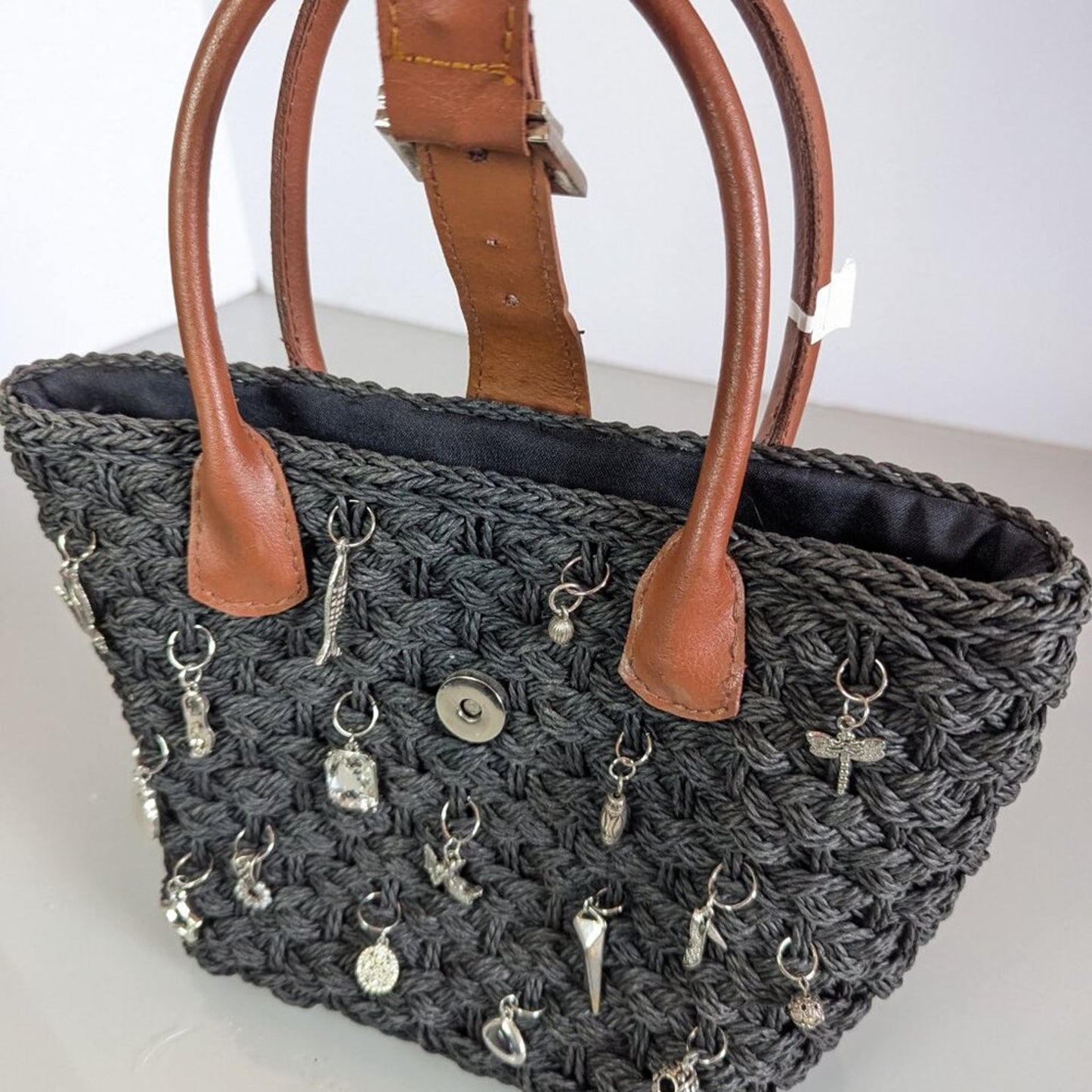 Vintage Black Woven Crossbody Bag Upcycled Jewelry Charms Double Handle Snap