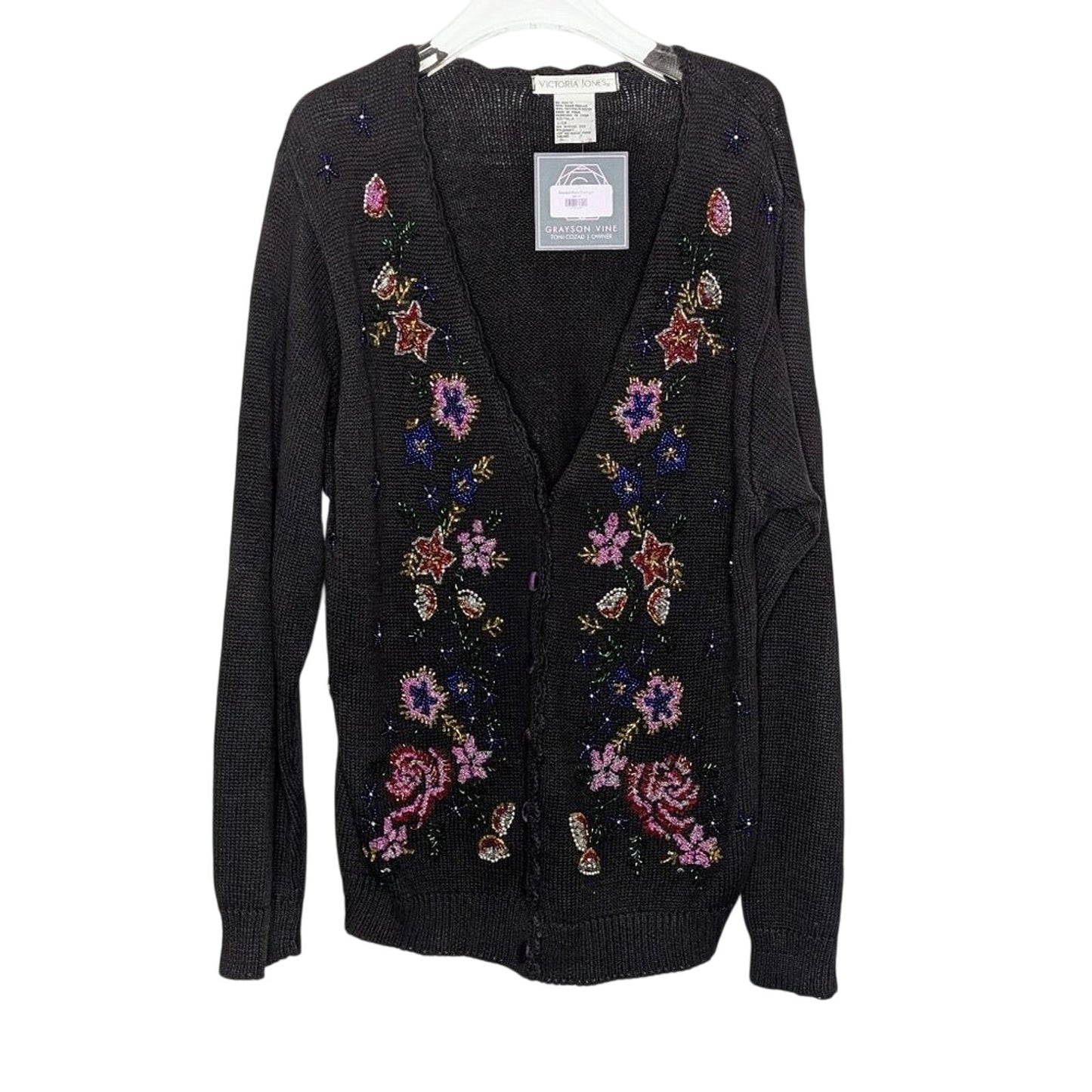Vintage Victoria Jones Black V-Neck Long Sleeve Floral Beaded Cardigan Sweater