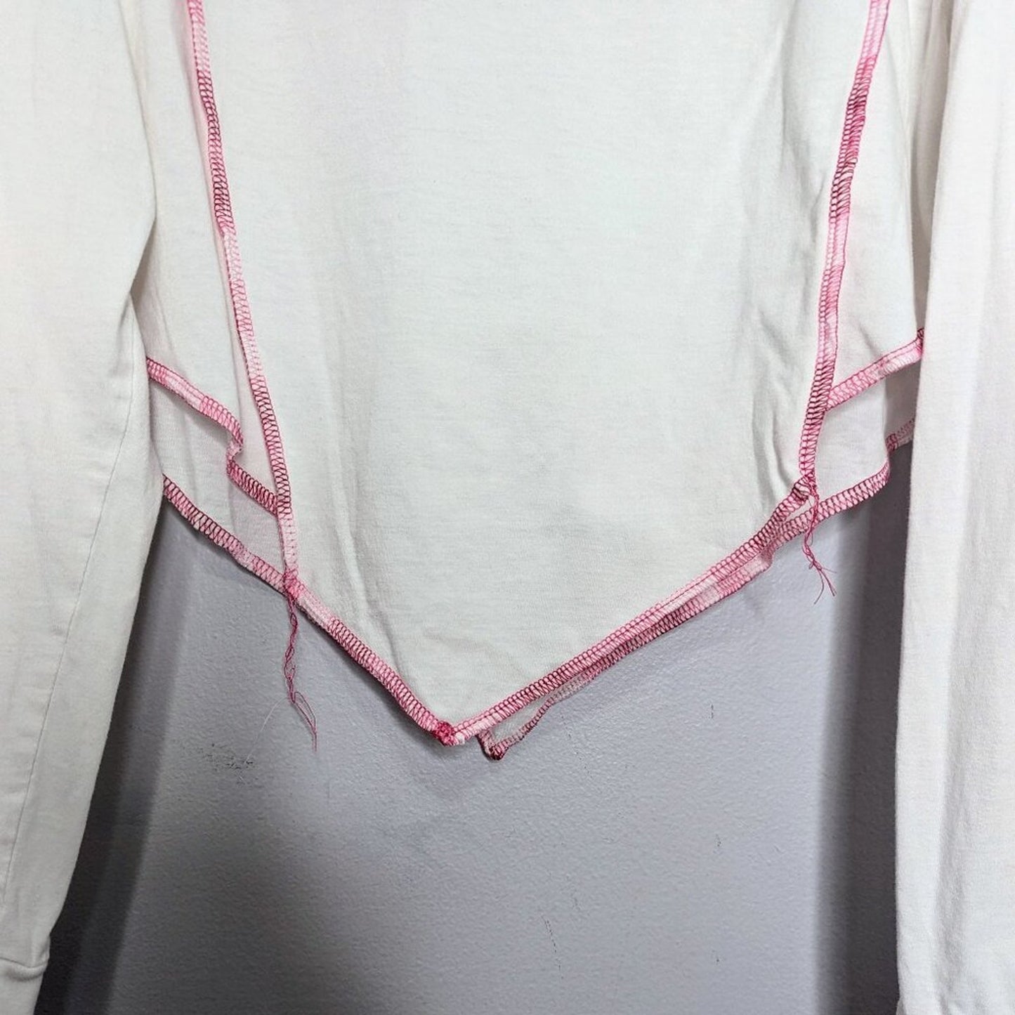 Upcycled White Long Sleeve T-Shirt Neon Pink Embroidered Hot Girl Trauma Cropped