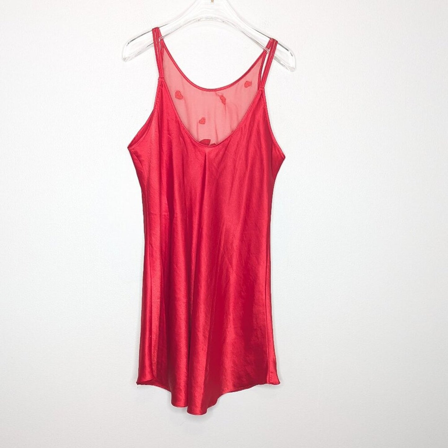 Vintage 90's Red Embroidered Heart Pattern Semi Sheer Slip Dress Nightie Bow M