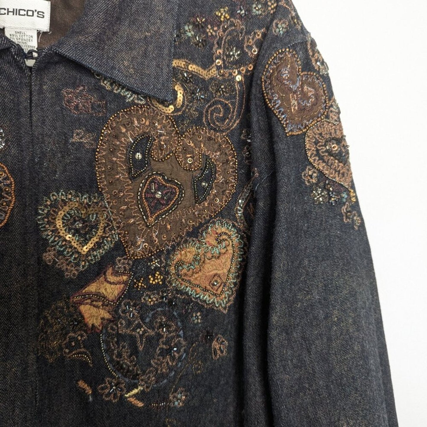 Chico's Vintage Embroidered Blue Denim Zip Up Jacket Hearts Beaded Sequins
