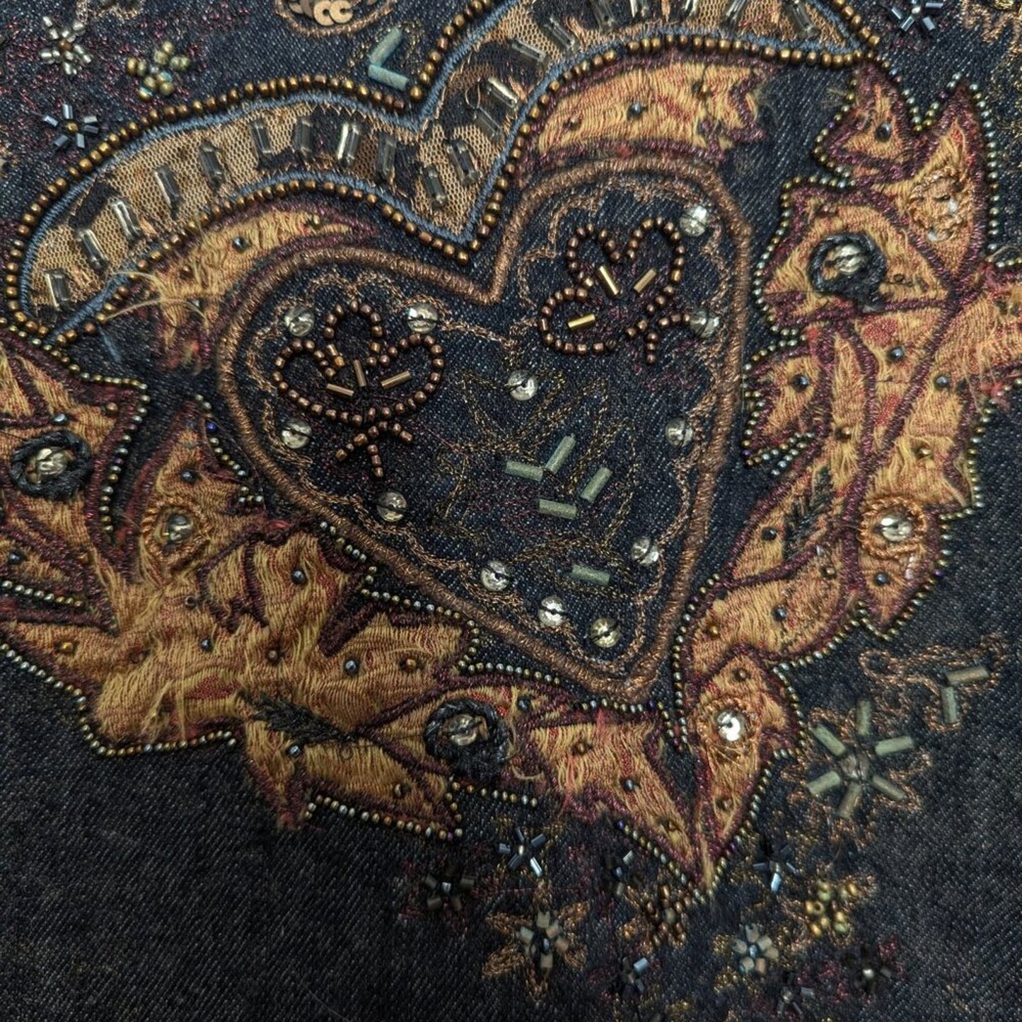 Chico's Vintage Embroidered Blue Denim Zip Up Jacket Hearts Beaded Sequins