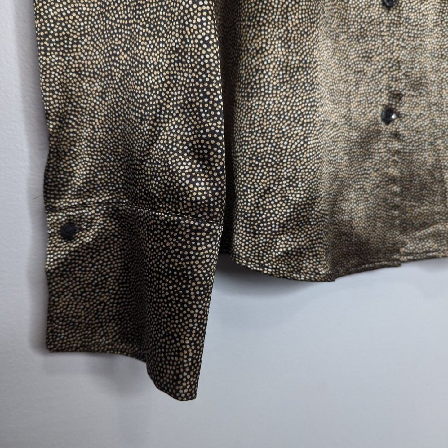 Vintage Black Gold Tiny Polka Dot Pattern Satin Shirt Button Up Long Sleeve 12