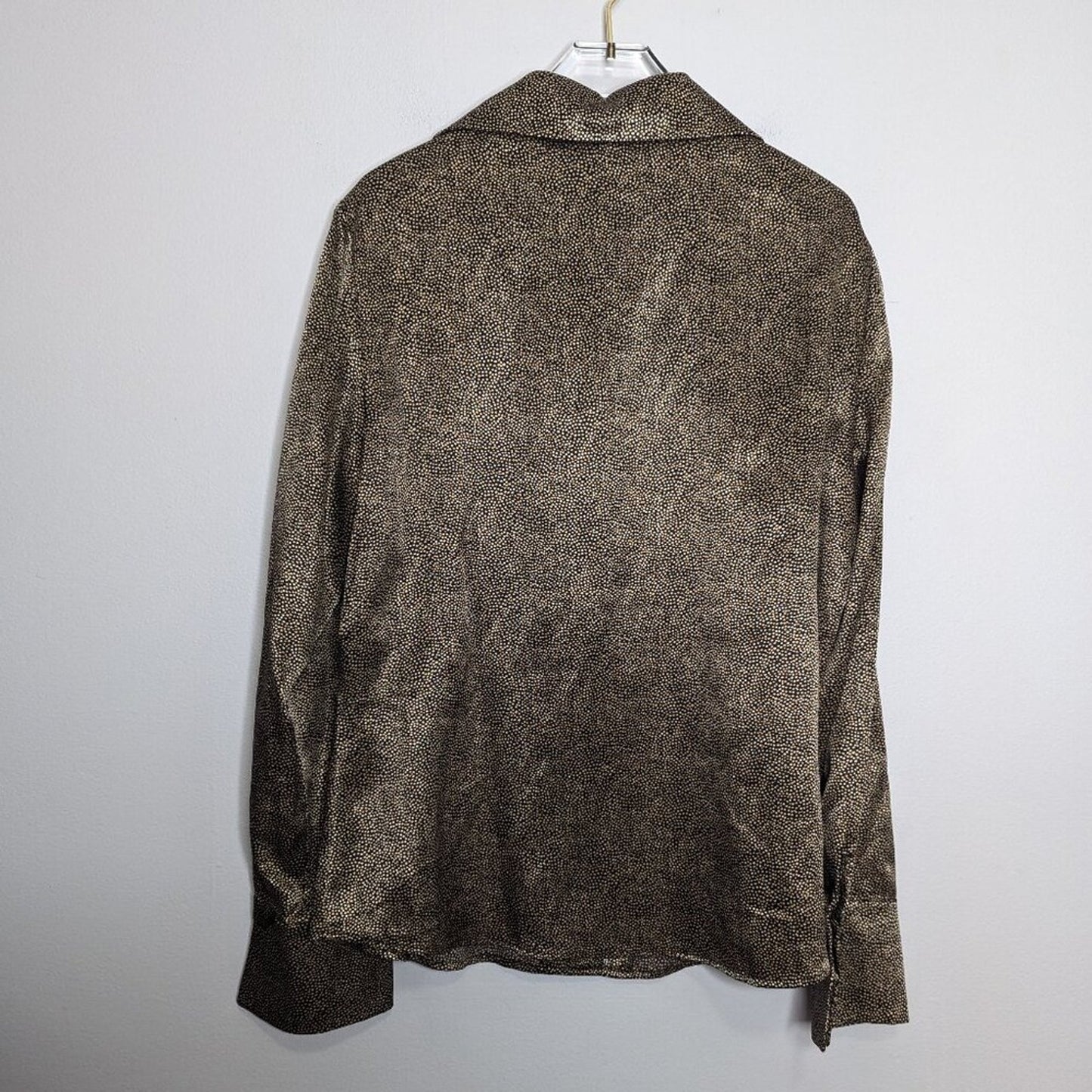 Vintage Black Gold Tiny Polka Dot Pattern Satin Shirt Button Up Long Sleeve 12