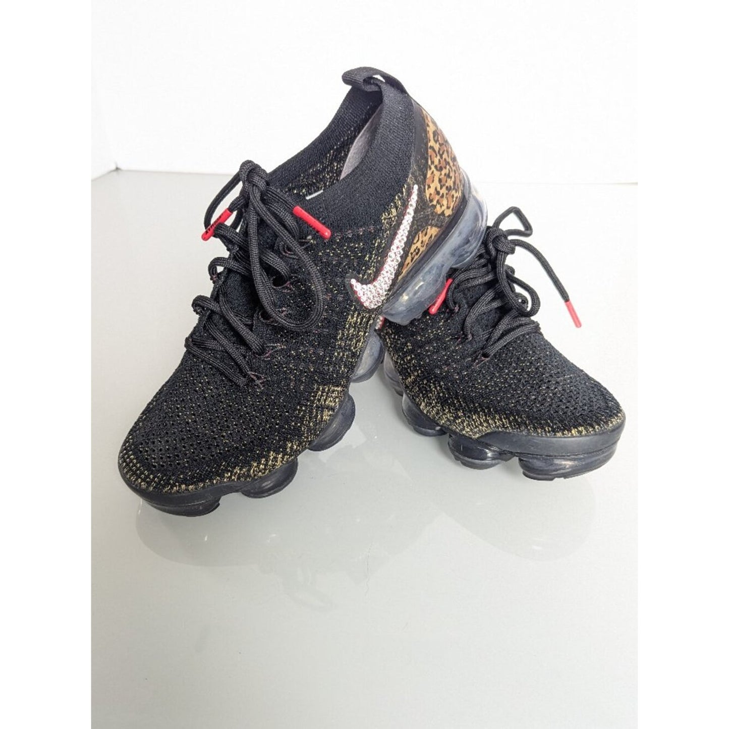 Nike Air VaporMax Flyknit 2 Black Cheetah Print Size 7.5 Custom Rhinestone Logo