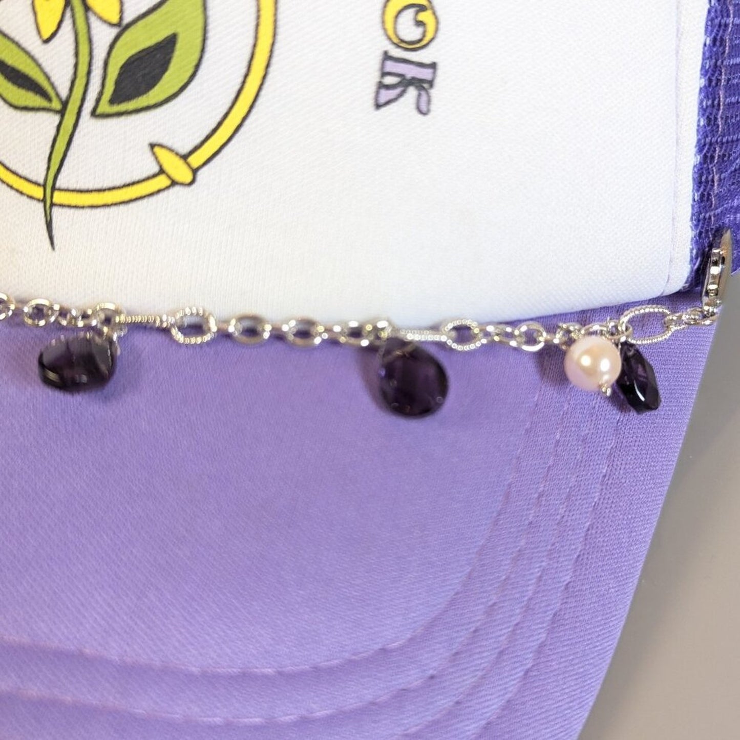 Upcycled Silver Jewelry Charm Hat Chain Purple Floral Adjustable Trucker Hat