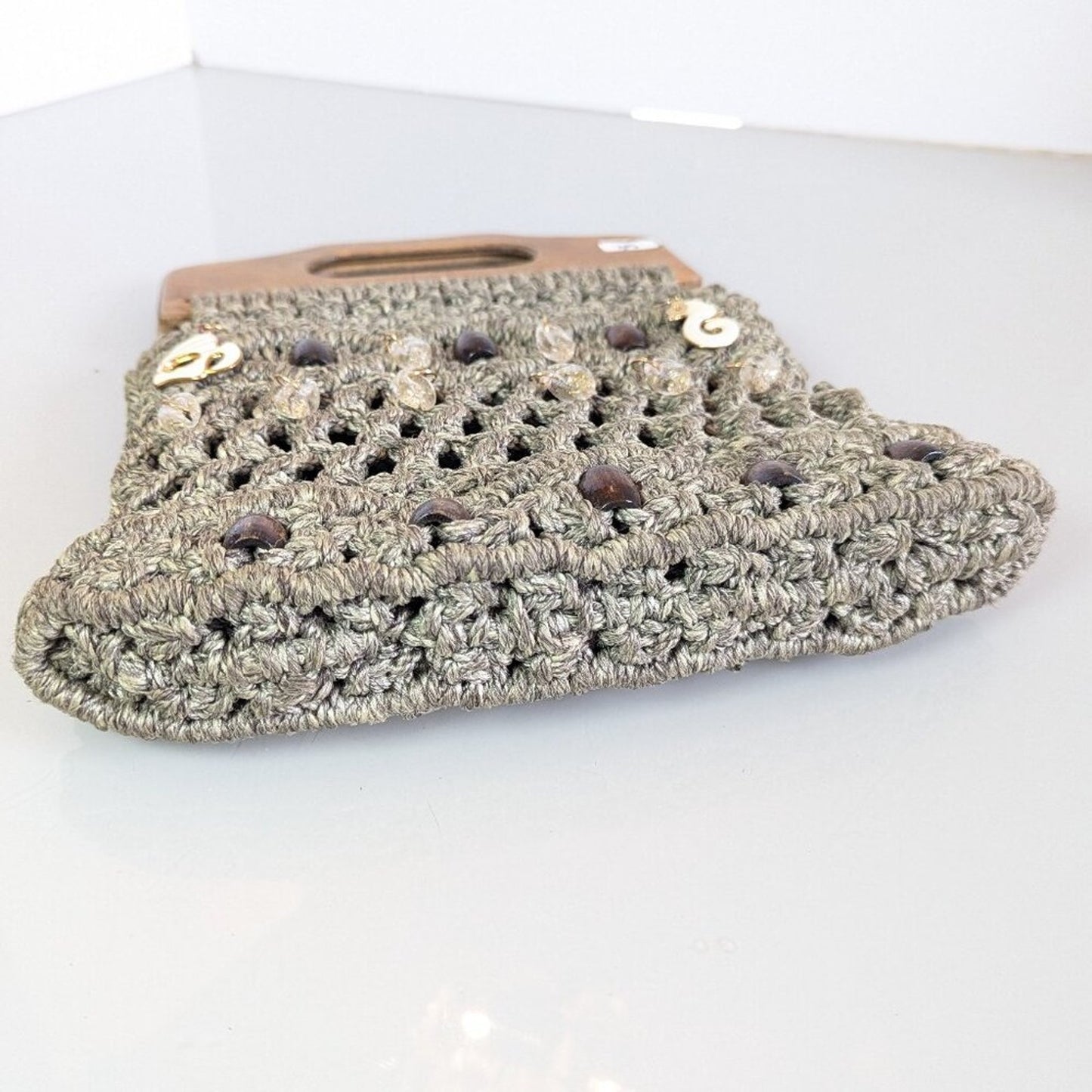 Vintage Taupe Macrame Bag Double Wooden Handle Upcycled Jewelry Charms Shells
