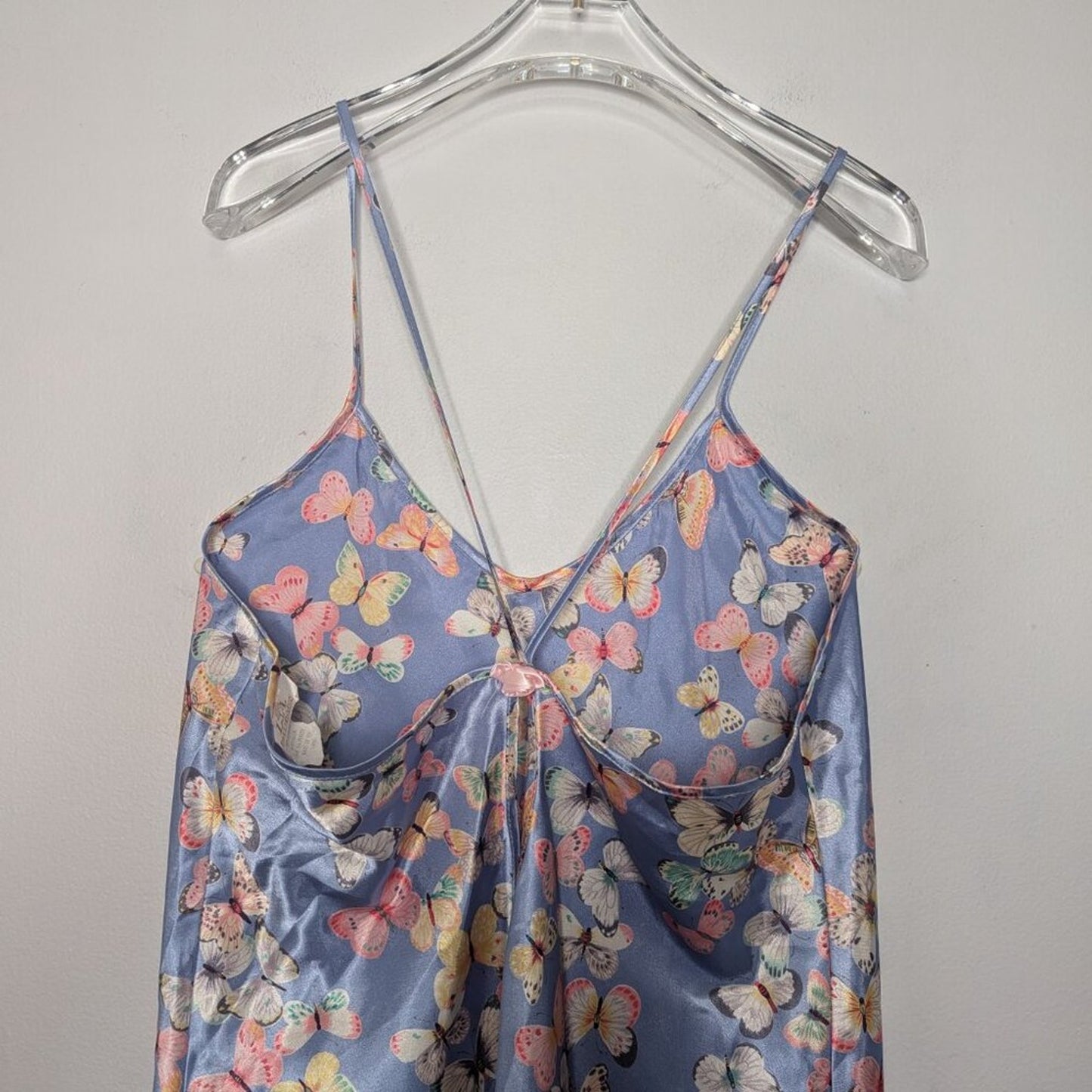 Vintage 90's Blue Satin Butterfly Pattern Slip Dress Spaghetti Straps Sleeveless