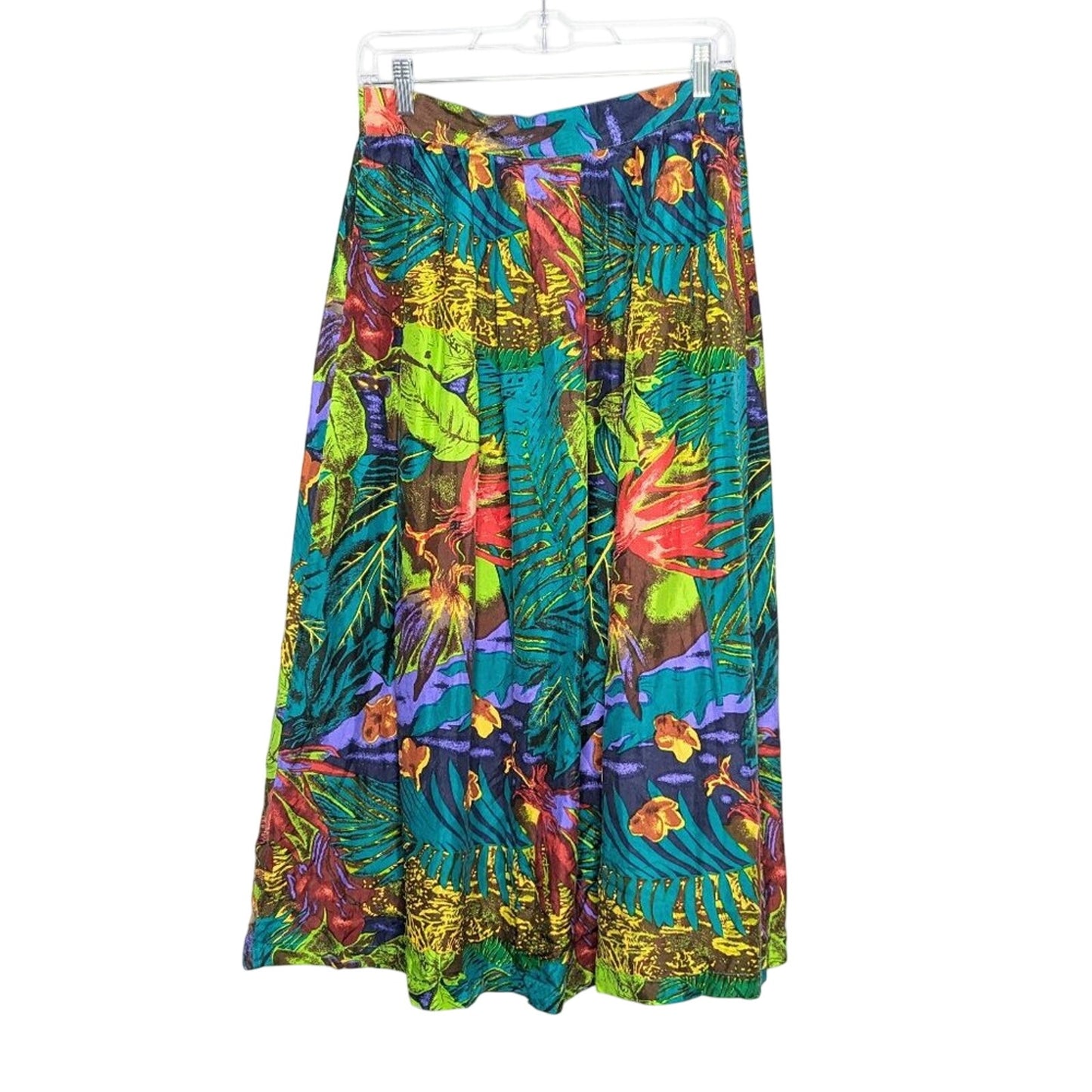 Vintage Green Tropical Jungle Palm Leaves Pattern Silk Maxi Skirt Elastic Waist