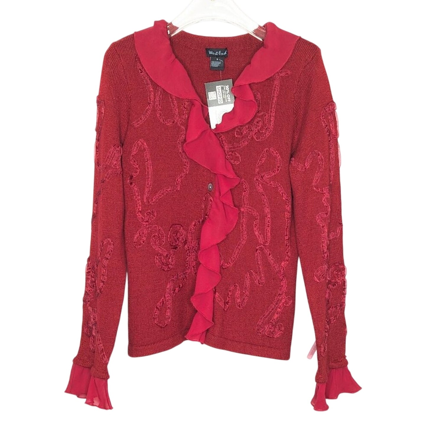 Vintage Y2K Red Long Sleeve Button Up Cardigan Ruffle Trim V-Neck Size S