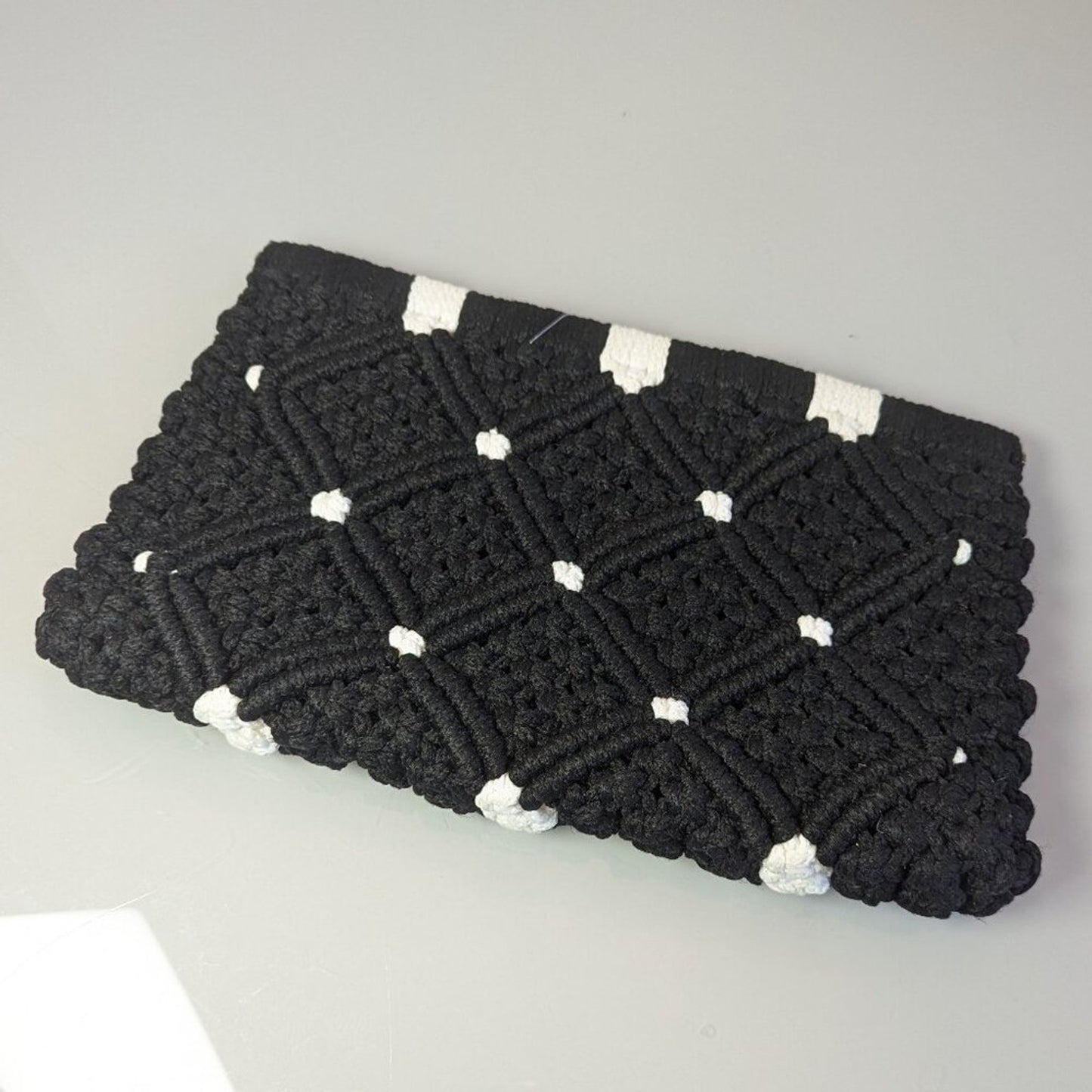 Vintage 1960's Black White Macrame Framed Clutch Bag Crochet