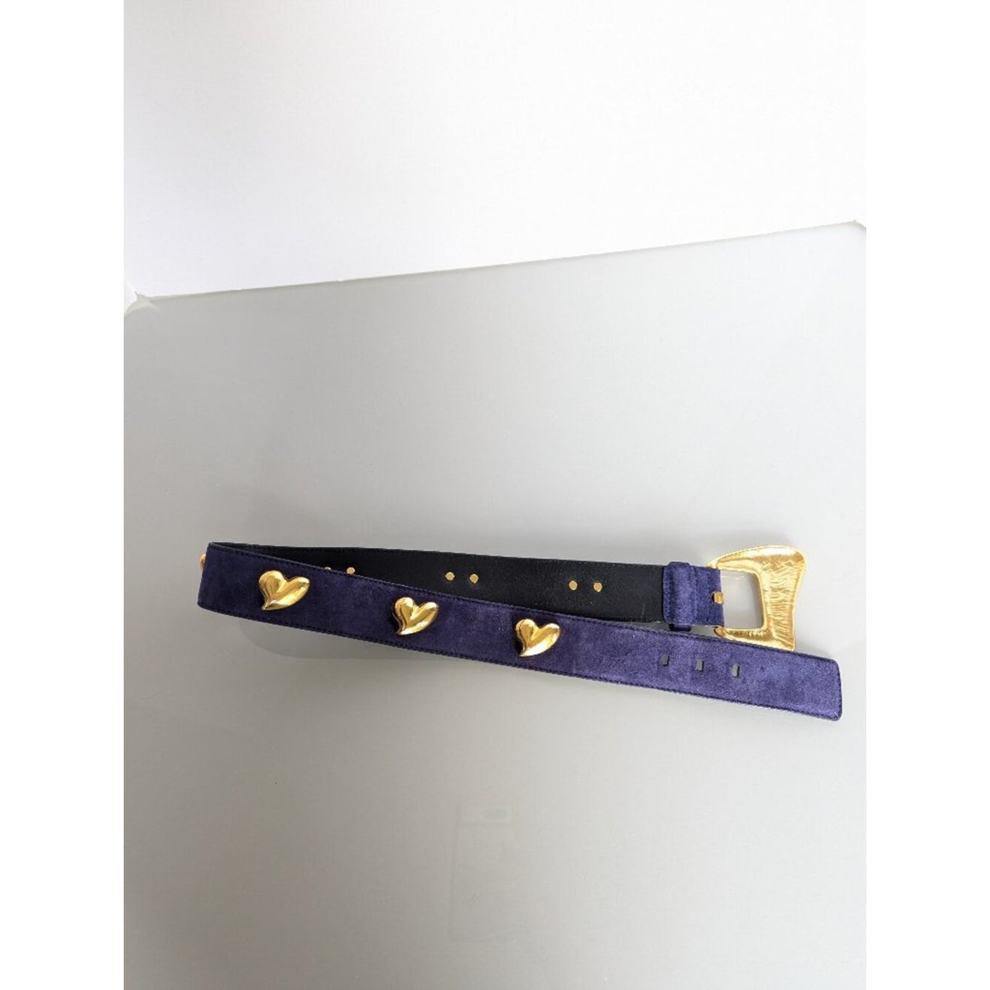 Escada Vintage Purple Suede Leather Belt Gold Tone Heart Studs 80s