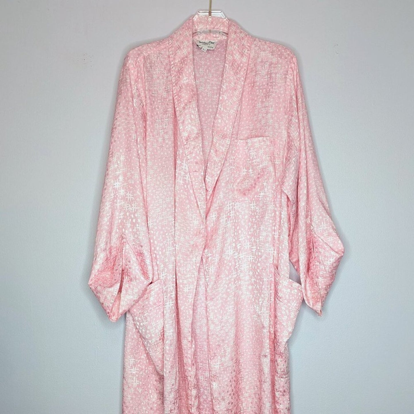 Christian Dior Vintage 80's Pastel Pink Satin Robe Polka Dot Hash Mark Print L