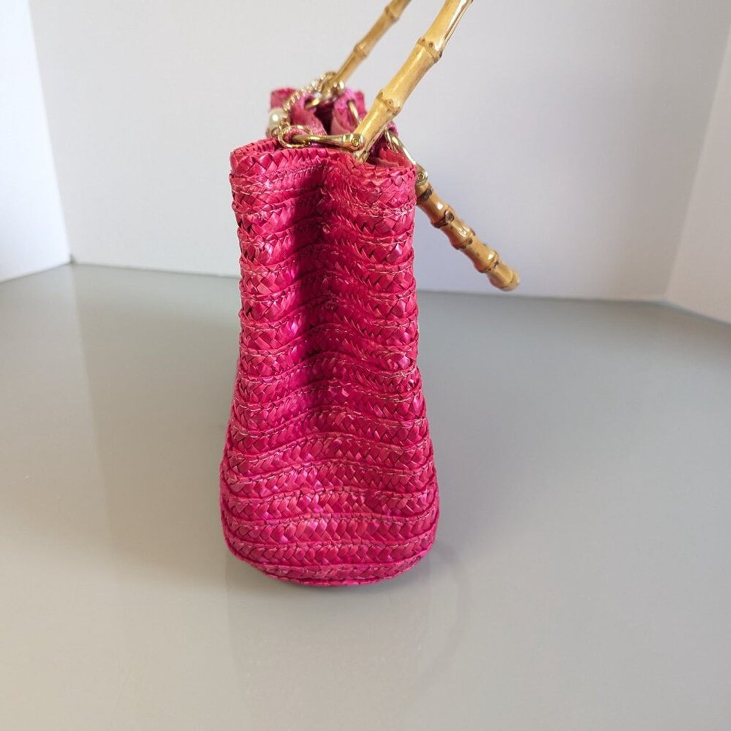 Vintage Hot Pink Woven Bag Bamboo Handles Upcycled Jewelry Charms Pearls Flower