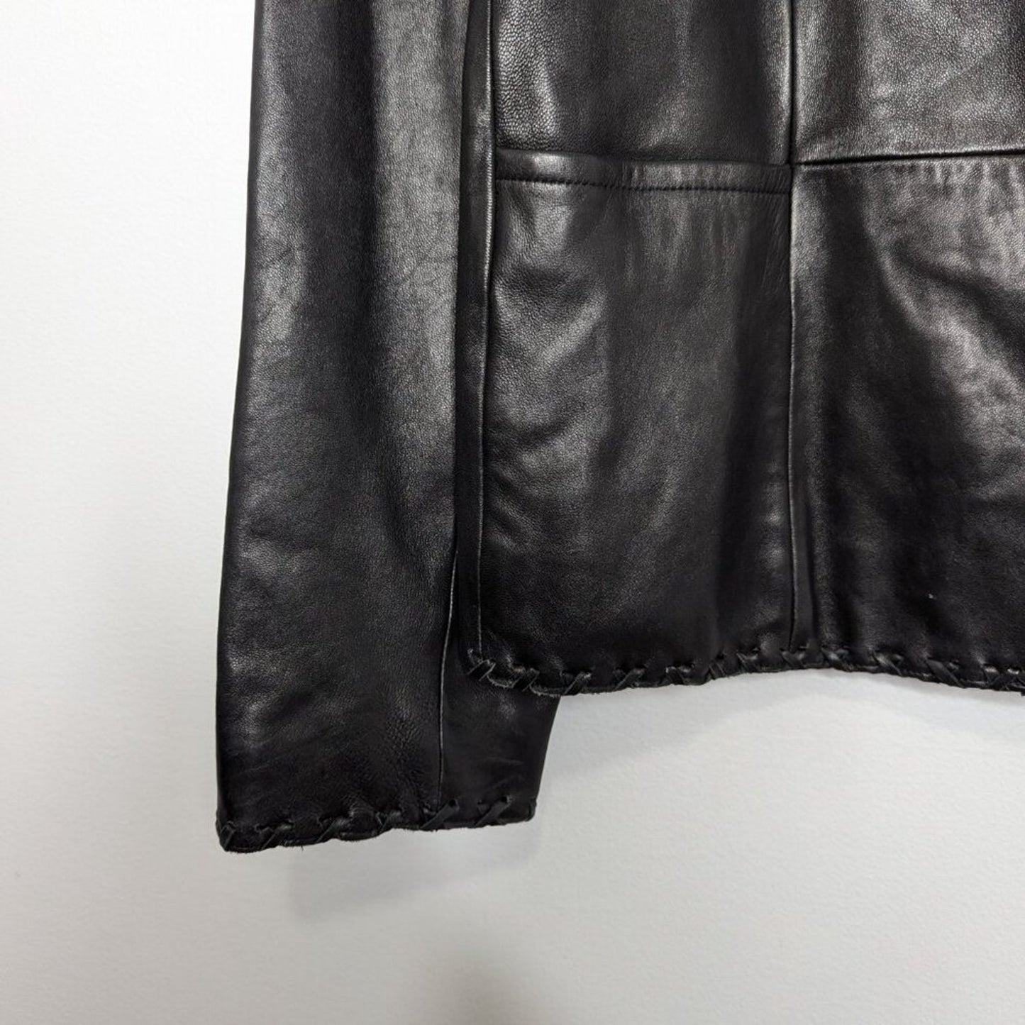 Vintage Jones New York Black Leather Long Sleeve Blazer Lace Up Stitch Trim L