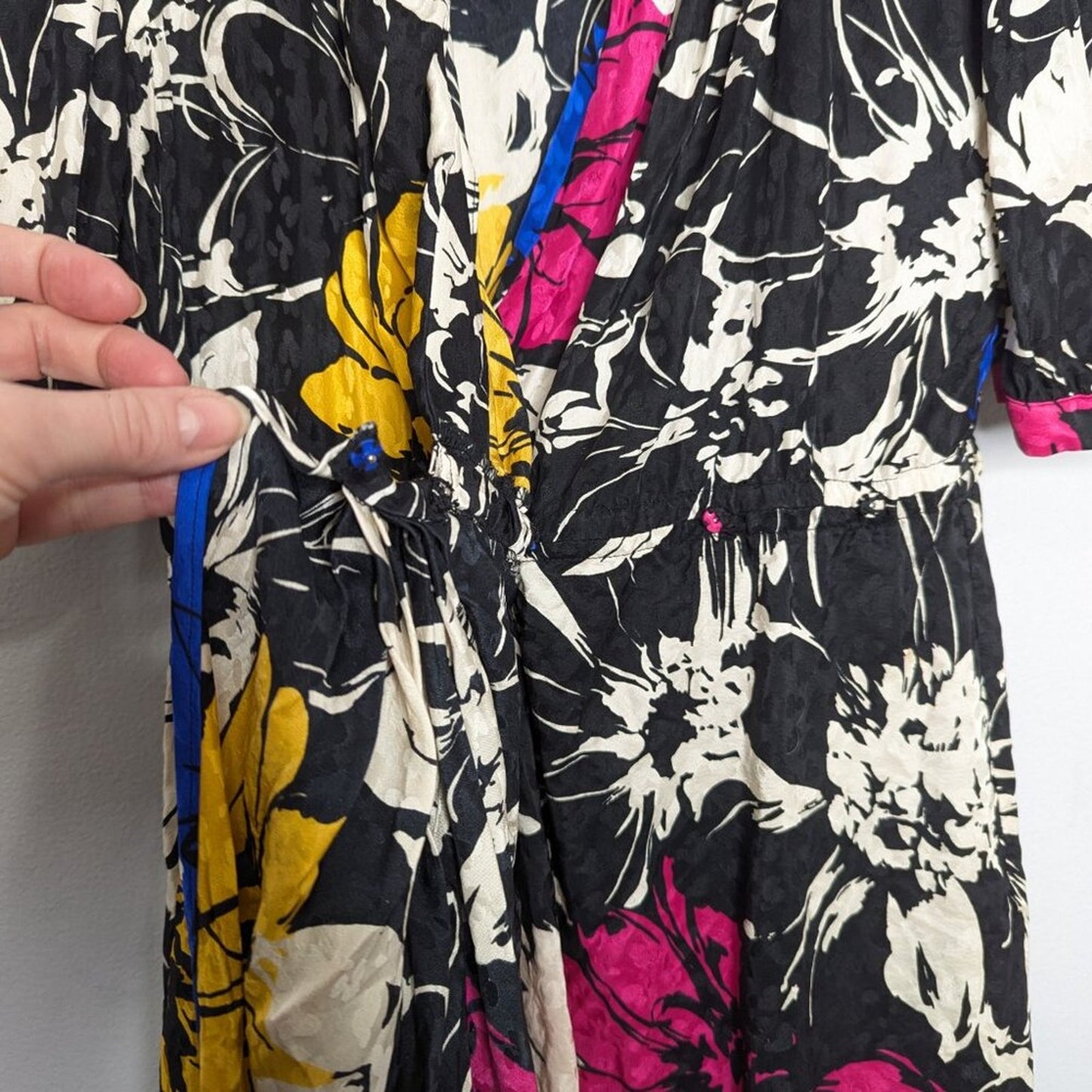 Vintage Jerri Sherman Bold Graphic Floral Print Silk Dress Black White Midi