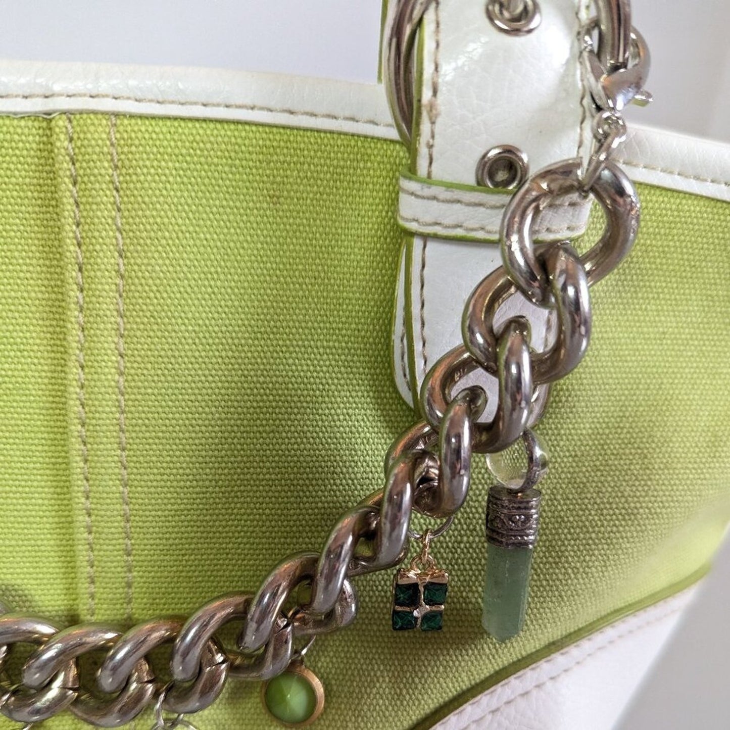 Vintage Y2K Green White Sonoma Zip Purse Upcycled Jewelry Silver Charm Chain