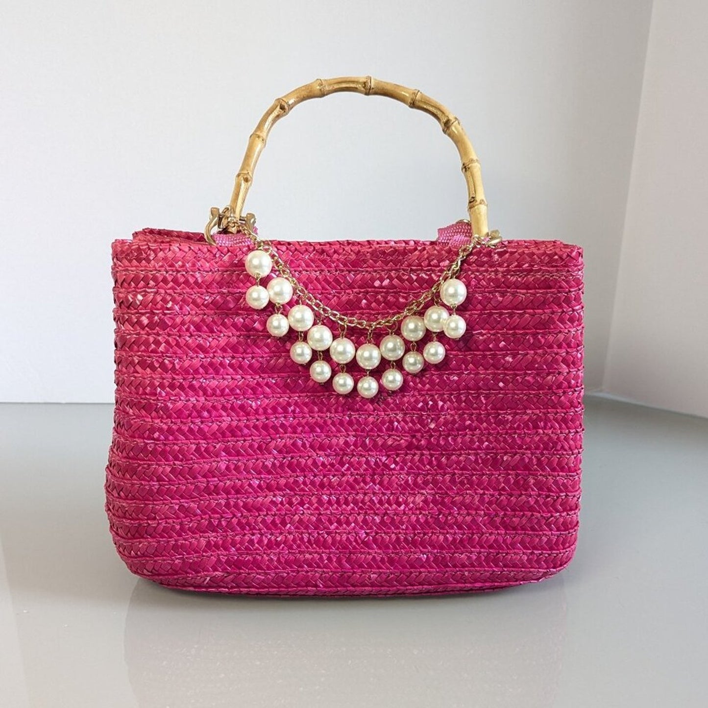 Vintage Hot Pink Woven Bag Bamboo Handles Upcycled Jewelry Charms Pearls Flower