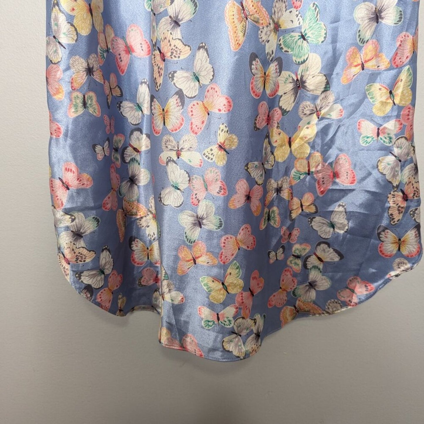 Vintage 90's Blue Satin Butterfly Pattern Slip Dress Spaghetti Straps Sleeveless