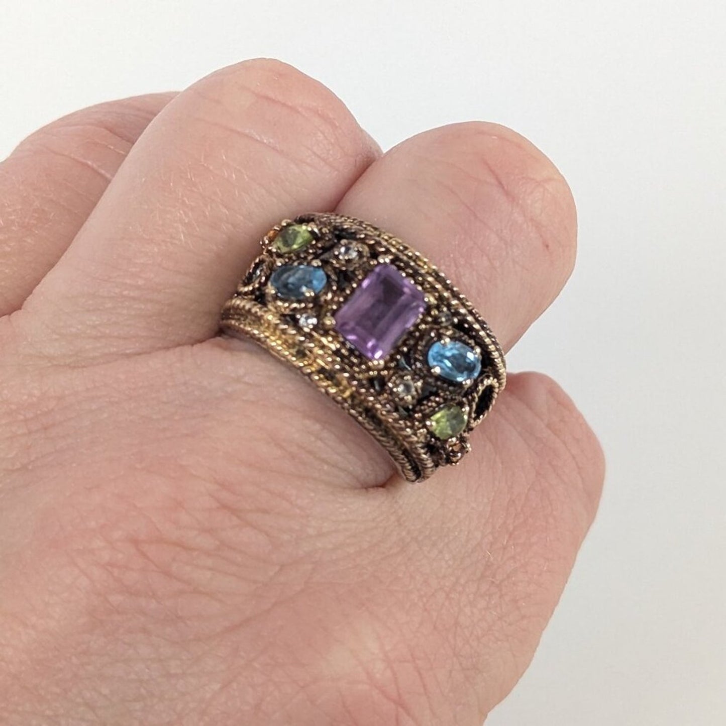 Sima K Amethyst And Multi Gemstone Two Tone Sterling Silver Band Cocktail Ring