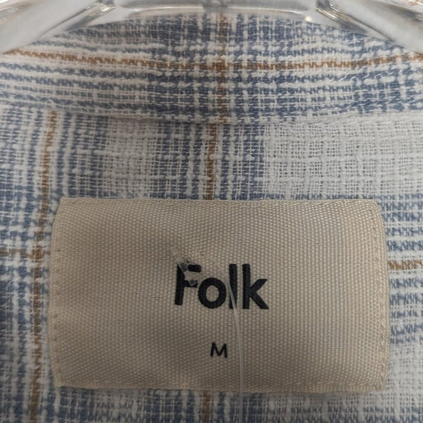 Folk Clothing White Blue Plaid Short Sleeve Soft Collar Shirt Cotton Linen M