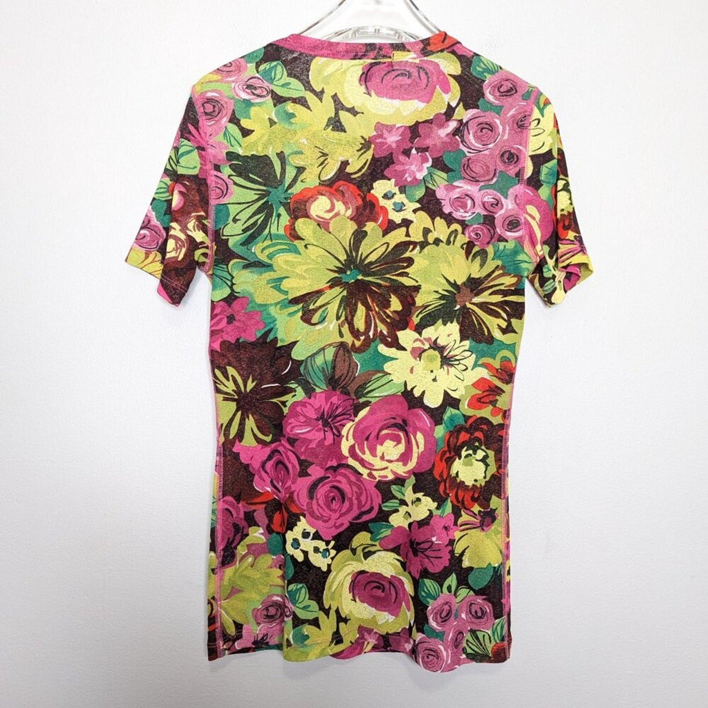 Vintage Y2k Pink Green Floral Print Short Sleeve Lightweight Crew Neck Top M