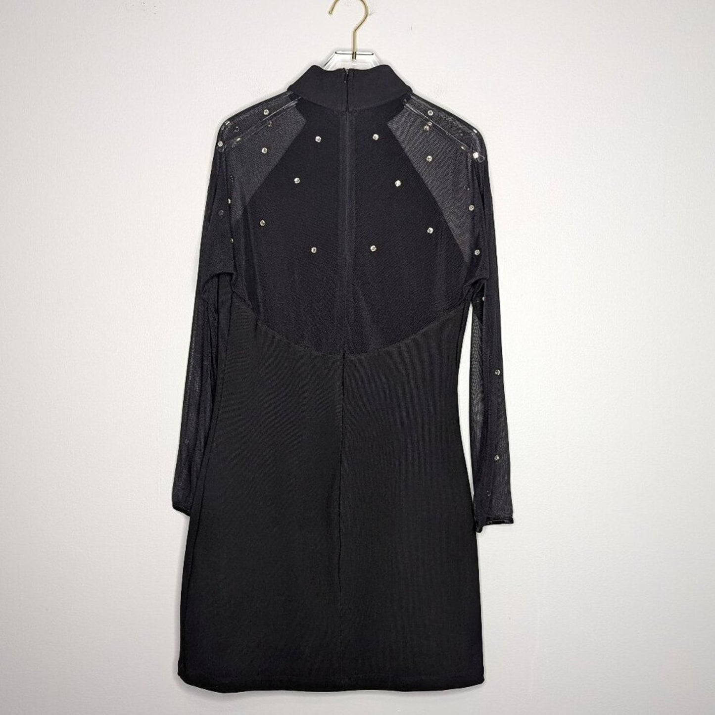 Carabella Vintage 90's Black Long Mesh Sleeve Mini Dress Bodycon Rhinestones