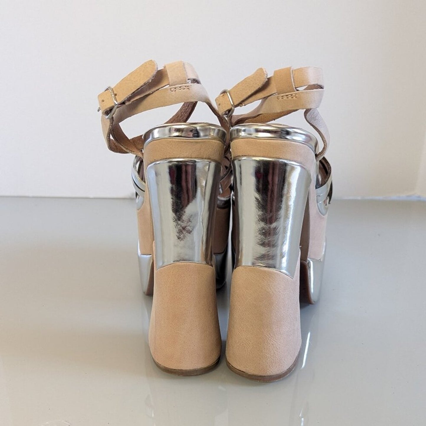 Jeffrey Campbell Y2K Nude Chrome Ambrose Platform Heels Shiny Ankle Strap NEW