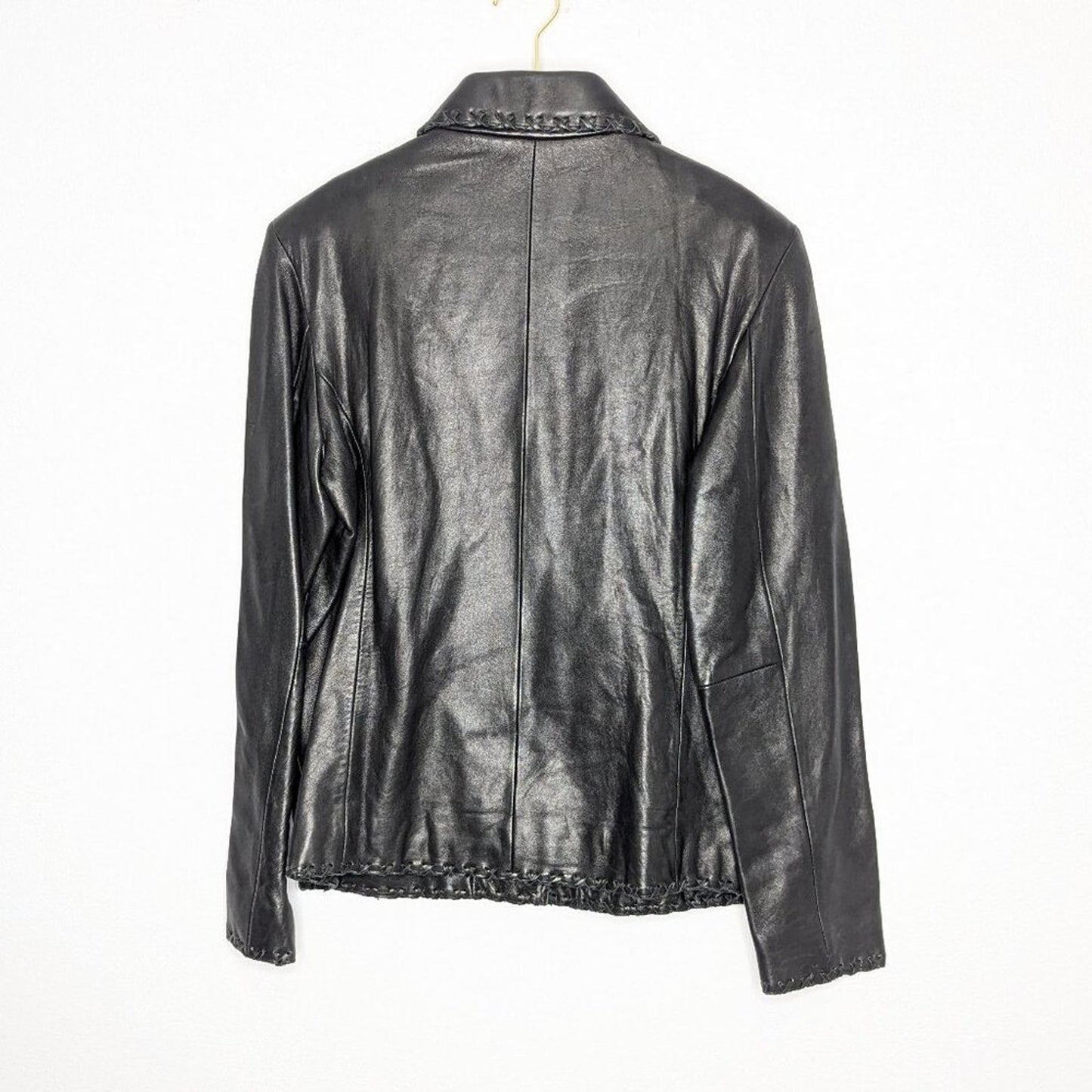 Vintage Jones New York Black Leather Long Sleeve Blazer Lace Up Stitch Trim L