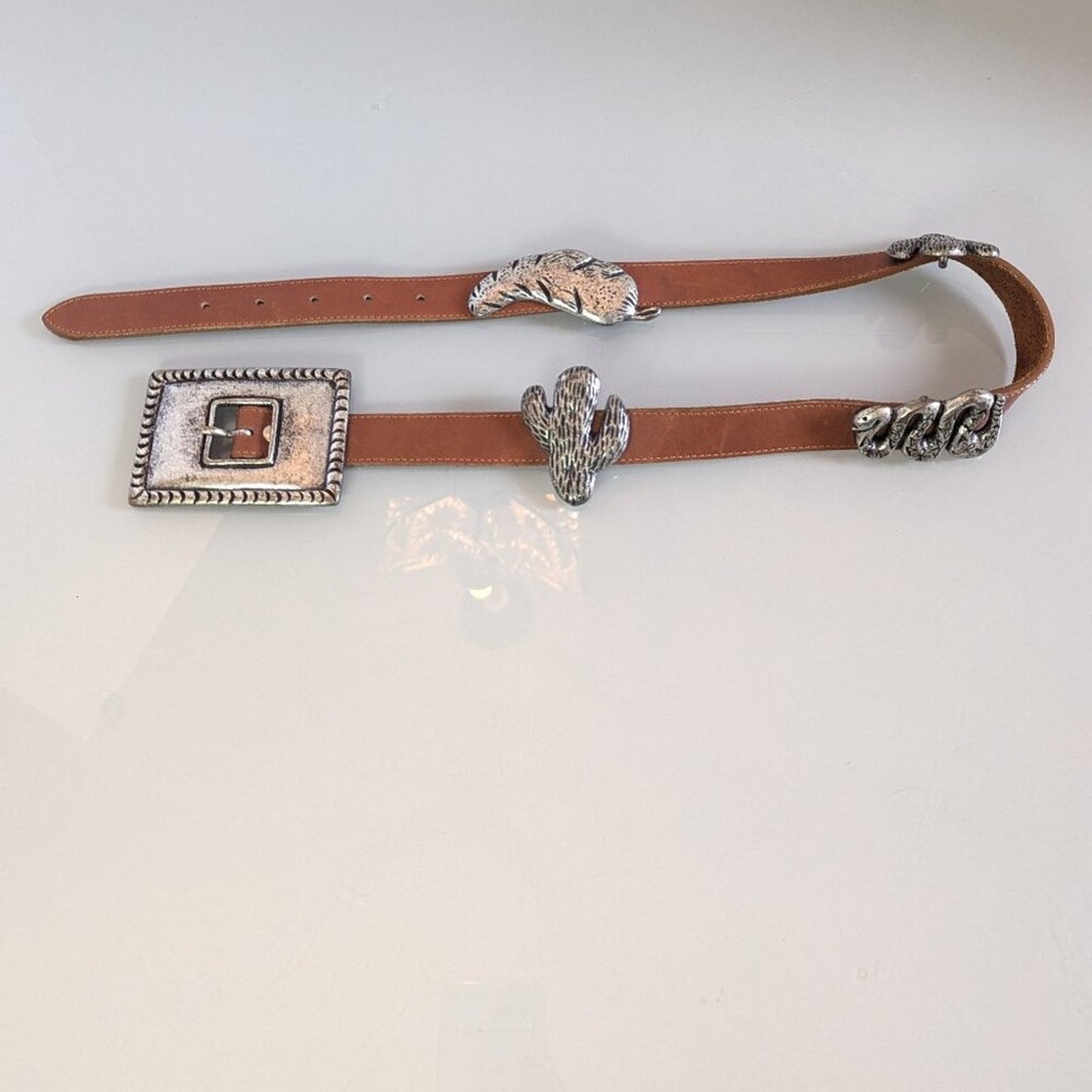 Guess Vintage 90's Brown Leather Belt Metal Cactus Snake Chili Pepper Accents