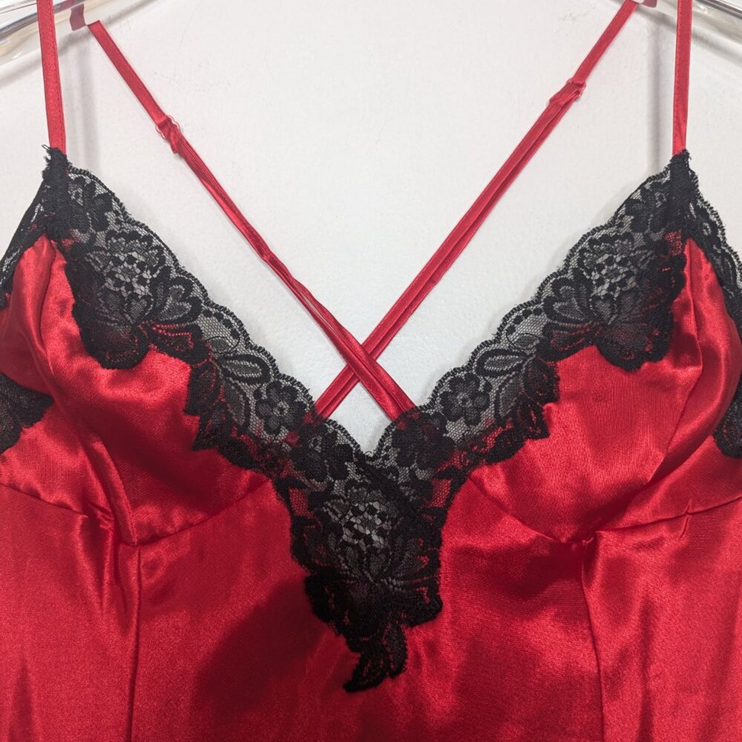 Frederick's of Hollywood Vintage Red Satin Slip Dress Black Lace Trim Cross Back