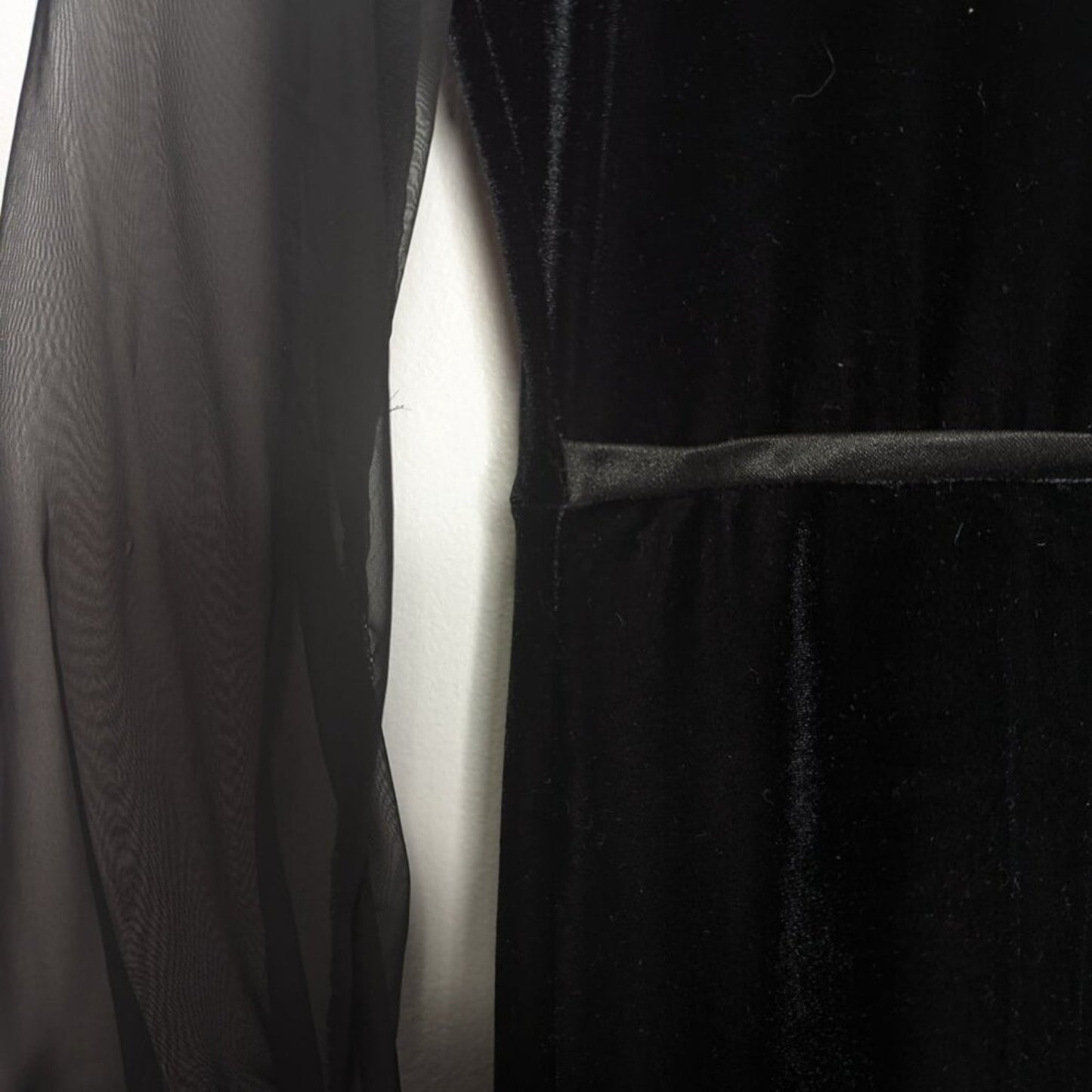 Vintage Melodee Black Sheer Long Sleeve Velvet Mini Dress Marabou Feather Trim