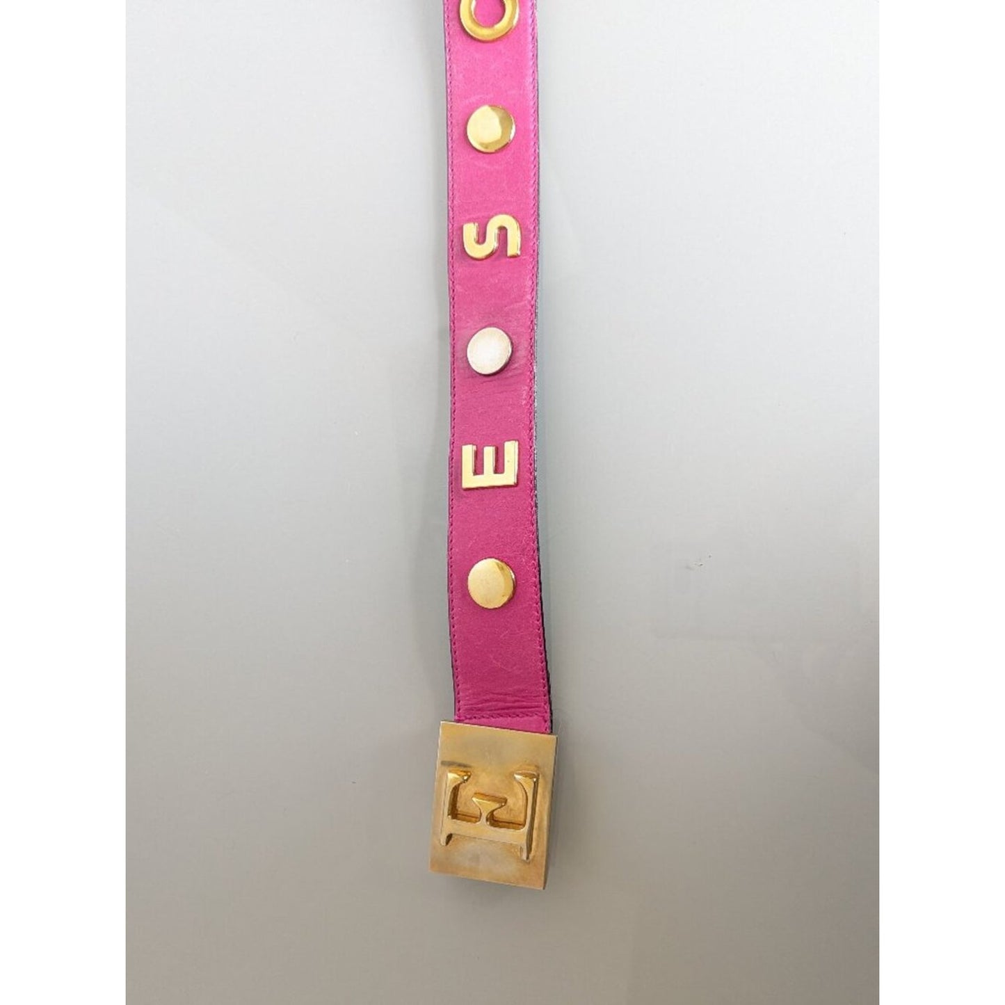 Escada Vintage Hot Pink Leather Belt Gold Tone Studded "Escada" Lettering