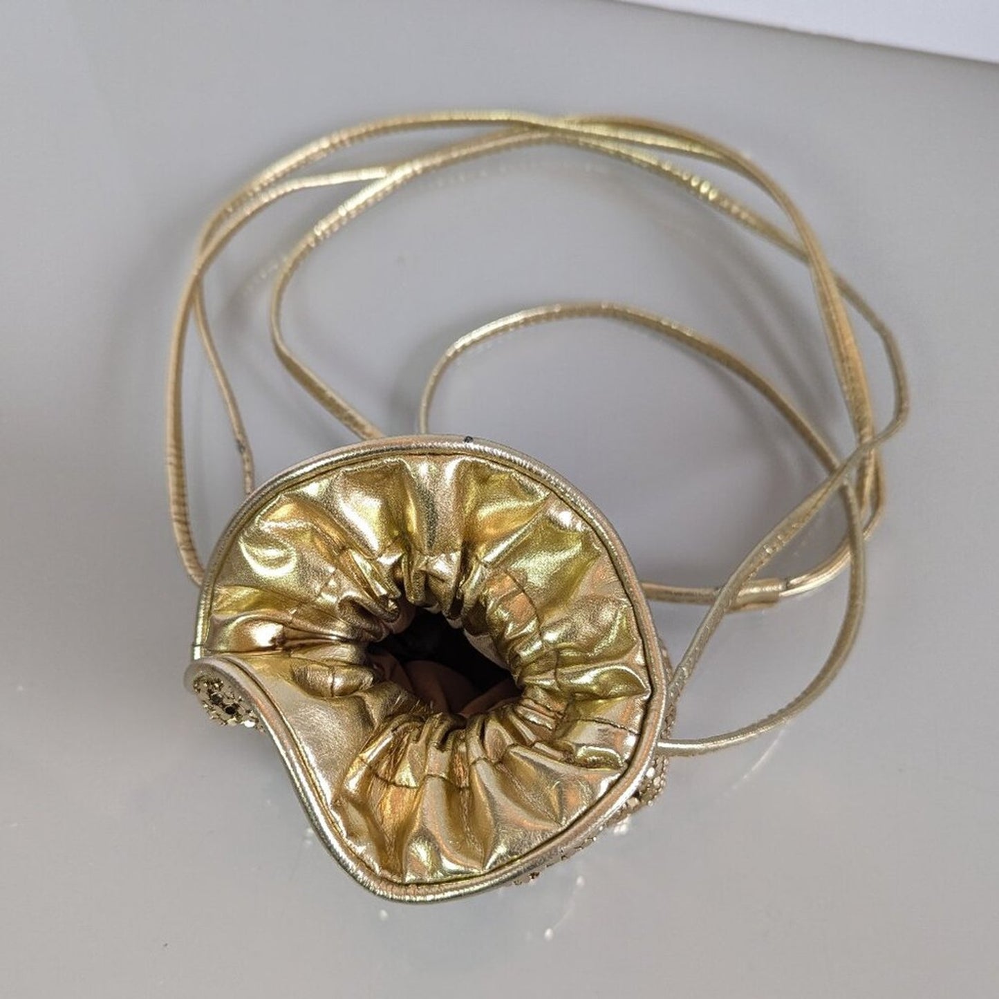 Whiting And Davis Vintage Gold Mesh Mini Drawstring Bucket Bag Disco Metallic