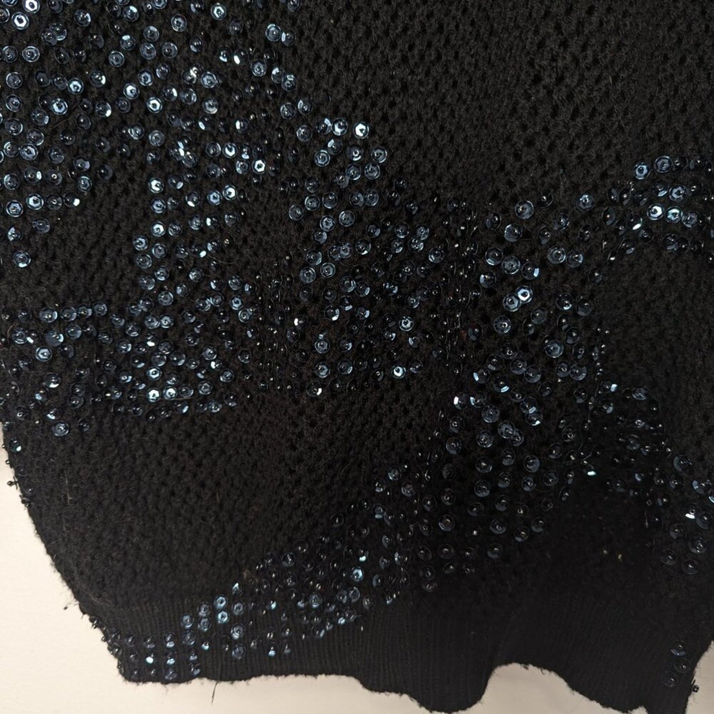 Religion Black Open Knit Crochet Sweater Iridescent Sequins V-Neck Long Sleeve S