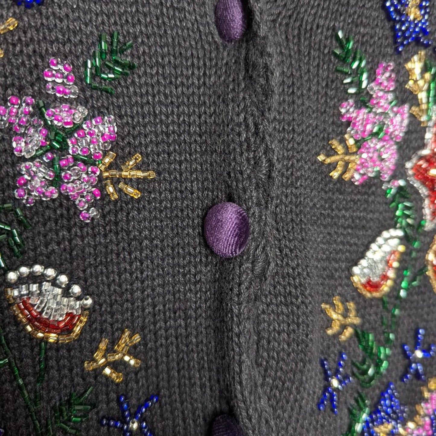 Vintage Victoria Jones Black V-Neck Long Sleeve Floral Beaded Cardigan Sweater