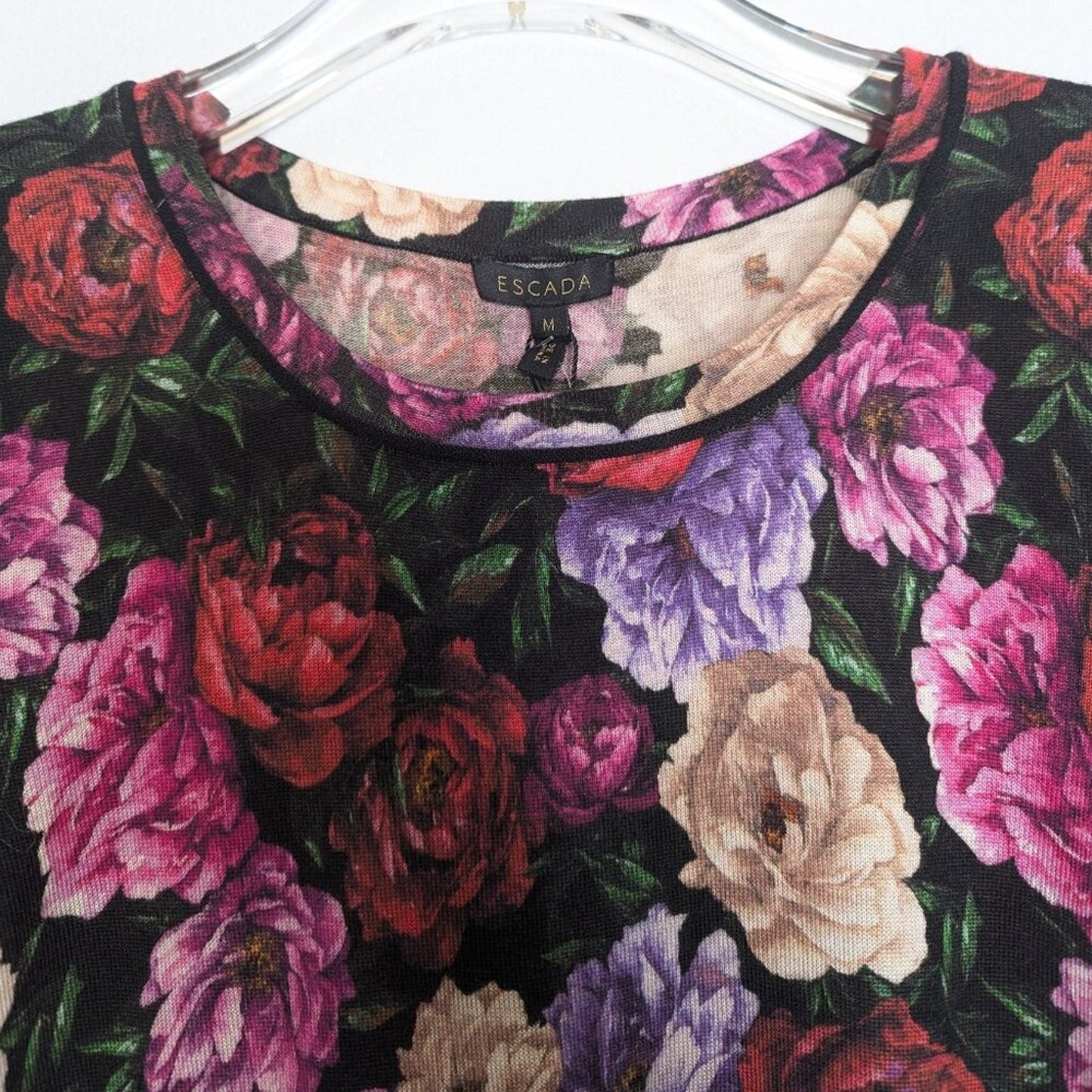 Escada Pink Floral Rose Print Short Sleeve Knit Top Wool Silk NWT Size M