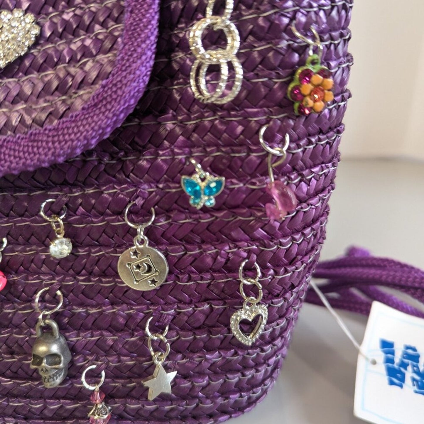 Vintage Purple Woven Straw Crossbody Bag Upcycled Jewelry Charms Deadstock