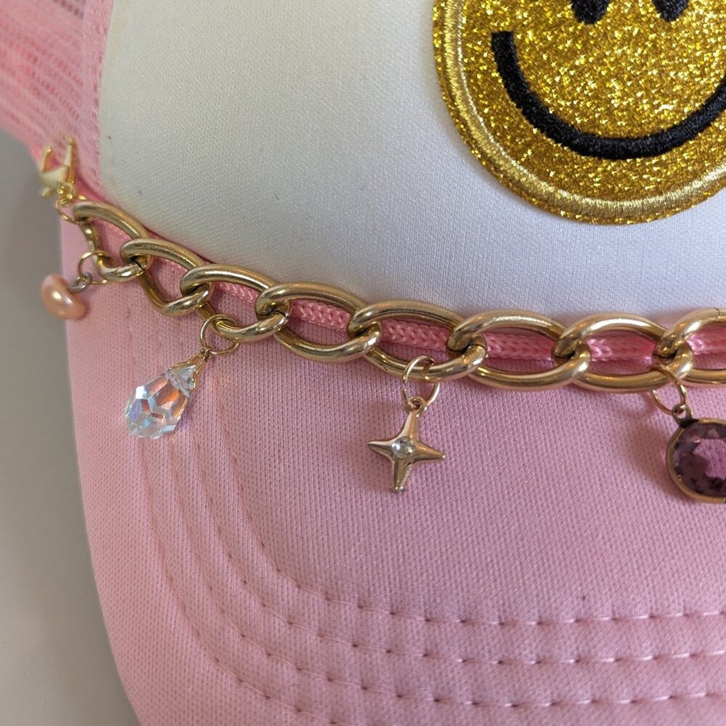 Upcycled Jewelry Charm Hat Chain Pink Smiley Face Adjustable Trucker Hat