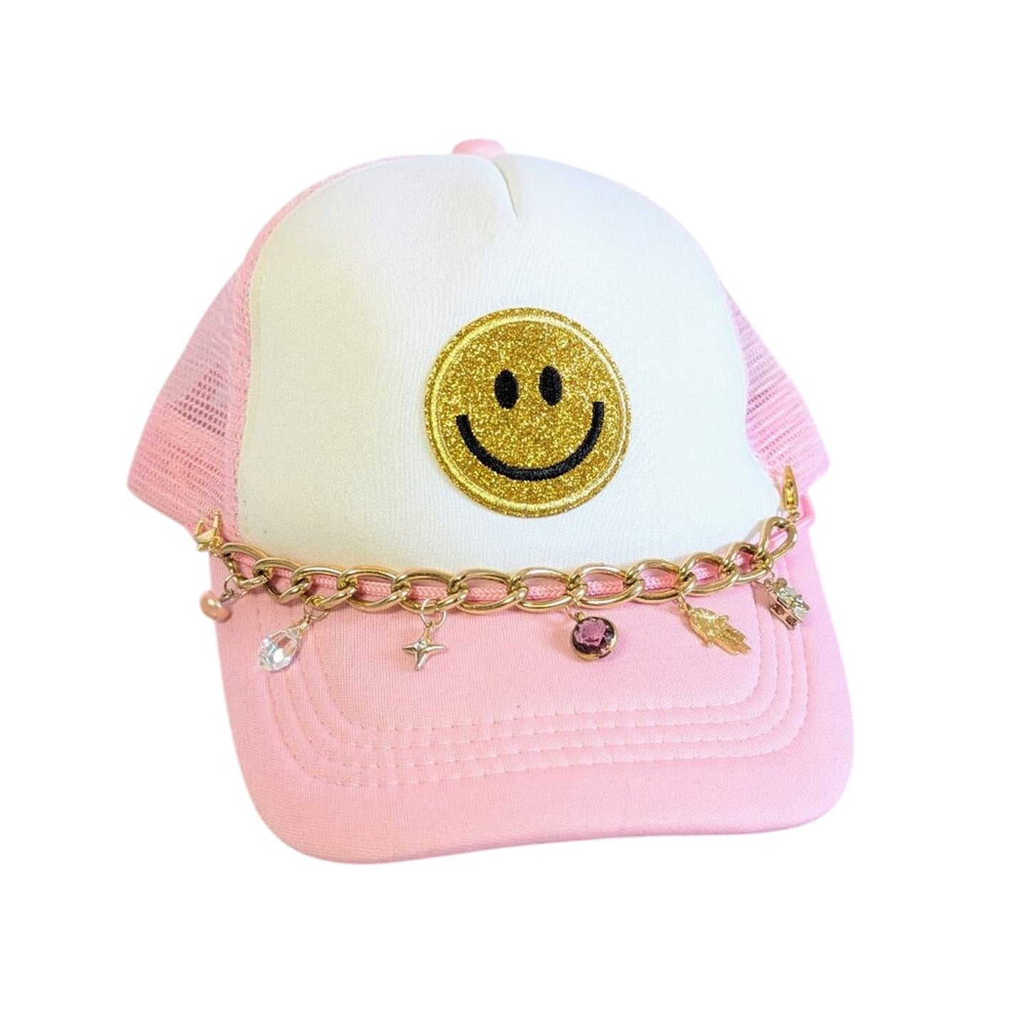 Upcycled Jewelry Charm Hat Chain Pink Smiley Face Adjustable Trucker Hat