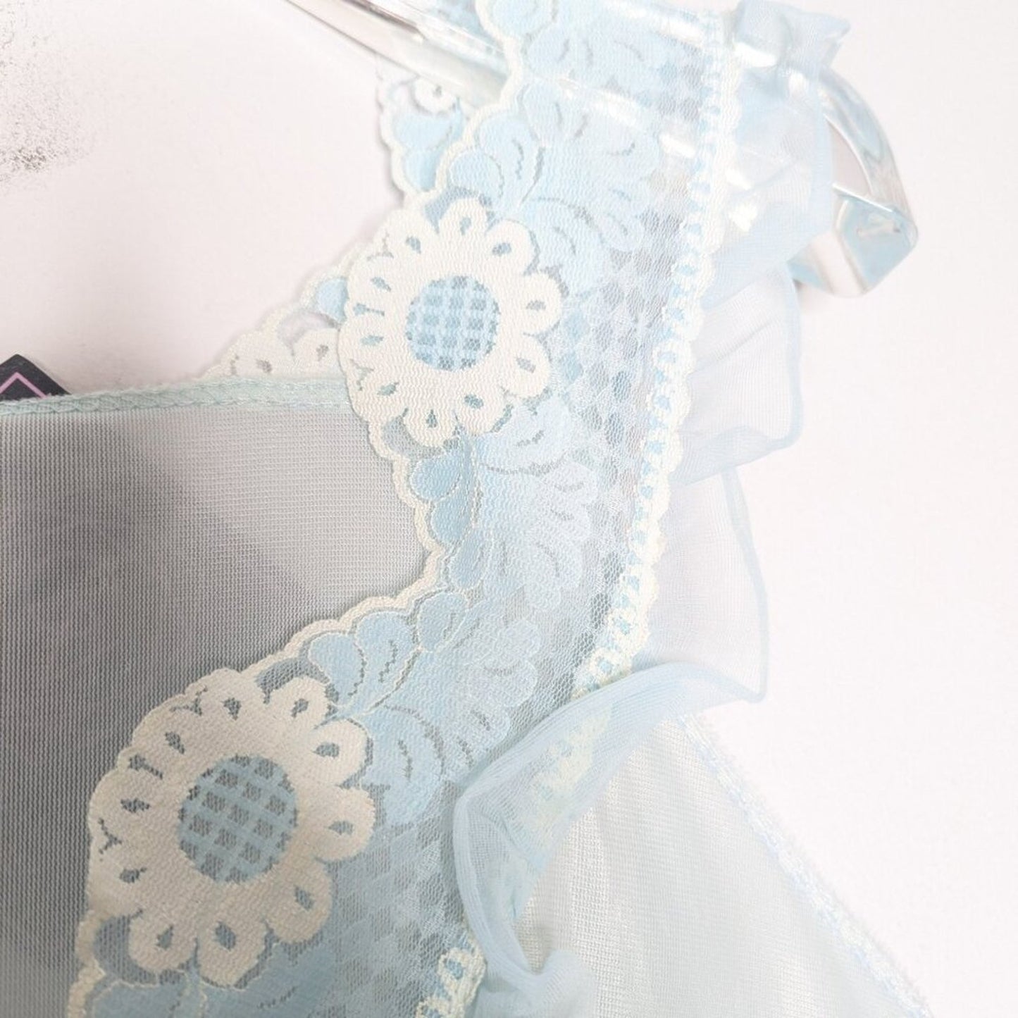Vintage 1960's Baby Blue Sleeveless V-Neck Maxi Nightgown Floral Daisy Lace Trim
