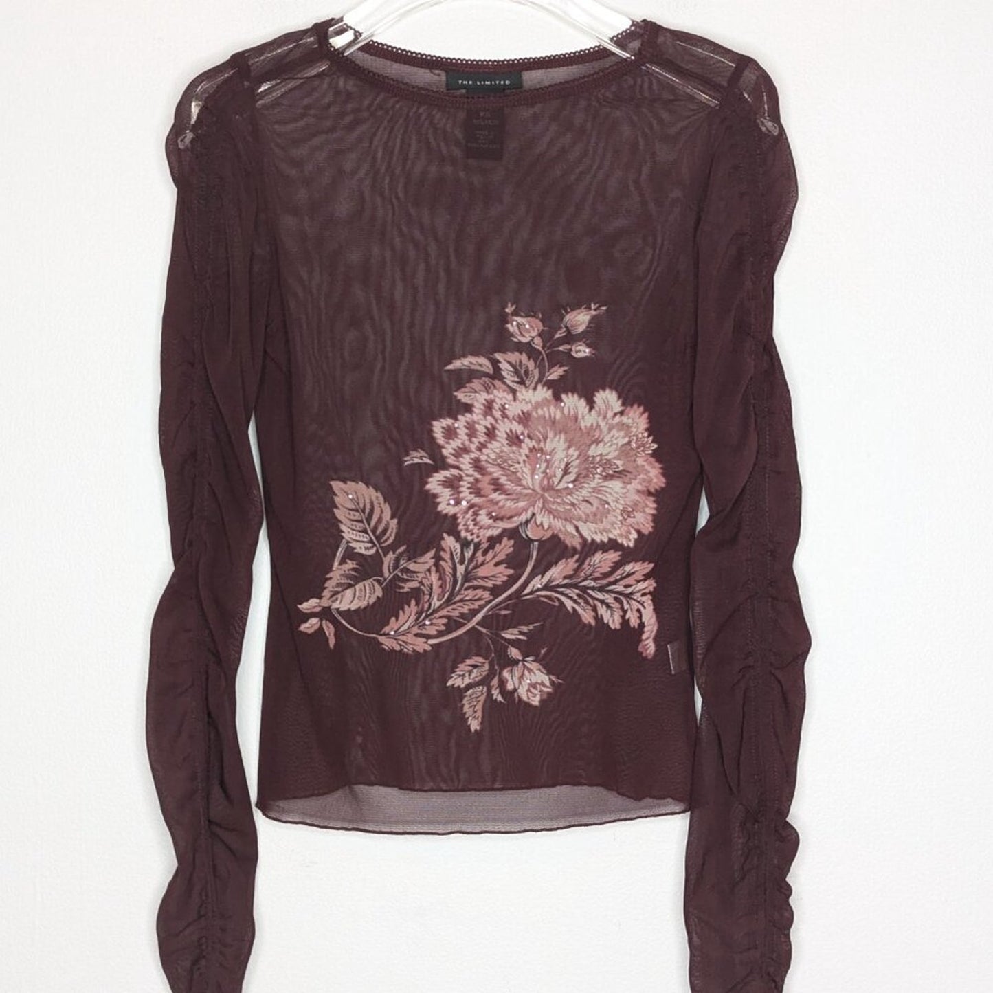 The Limited Vintage Sheer Mesh Long Sleeve Floral Print Top Rhinestones Size XS