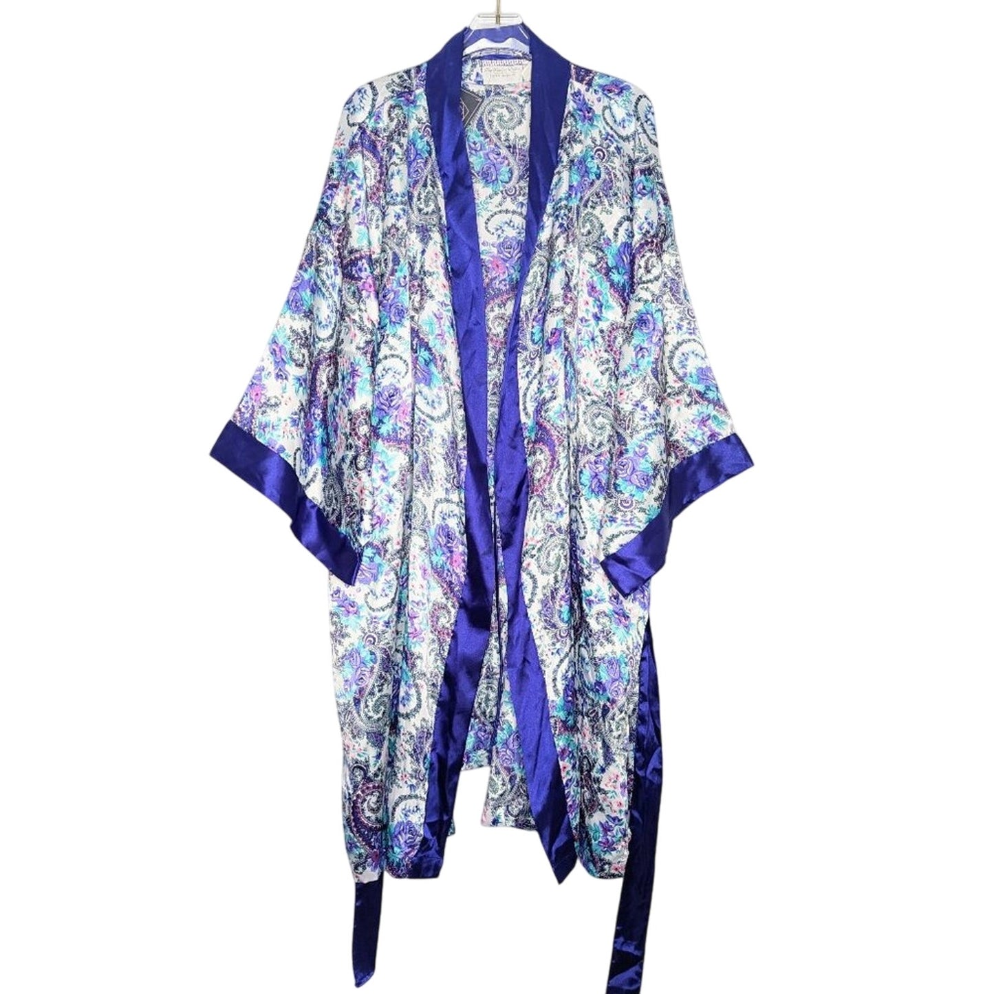 Vintage 80's Purple Floral Paisley Long Sleeve Tie Waist Robe Satin Pockets