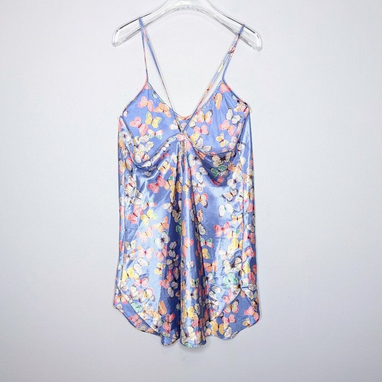 Vintage 90's Blue Satin Butterfly Pattern Slip Dress Spaghetti Straps Sleeveless